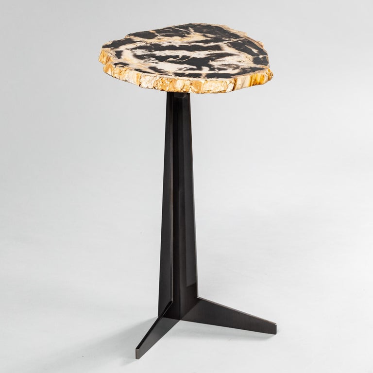 Organic Modern Side or Cocktail Table, Petrified Wood Slab with Black Color Metal Base For Sale
