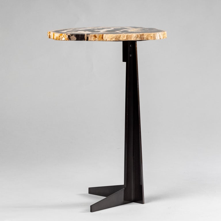 Contemporary Side or Cocktail Table, Petrified Wood Slab with Black Color Metal Base For Sale
