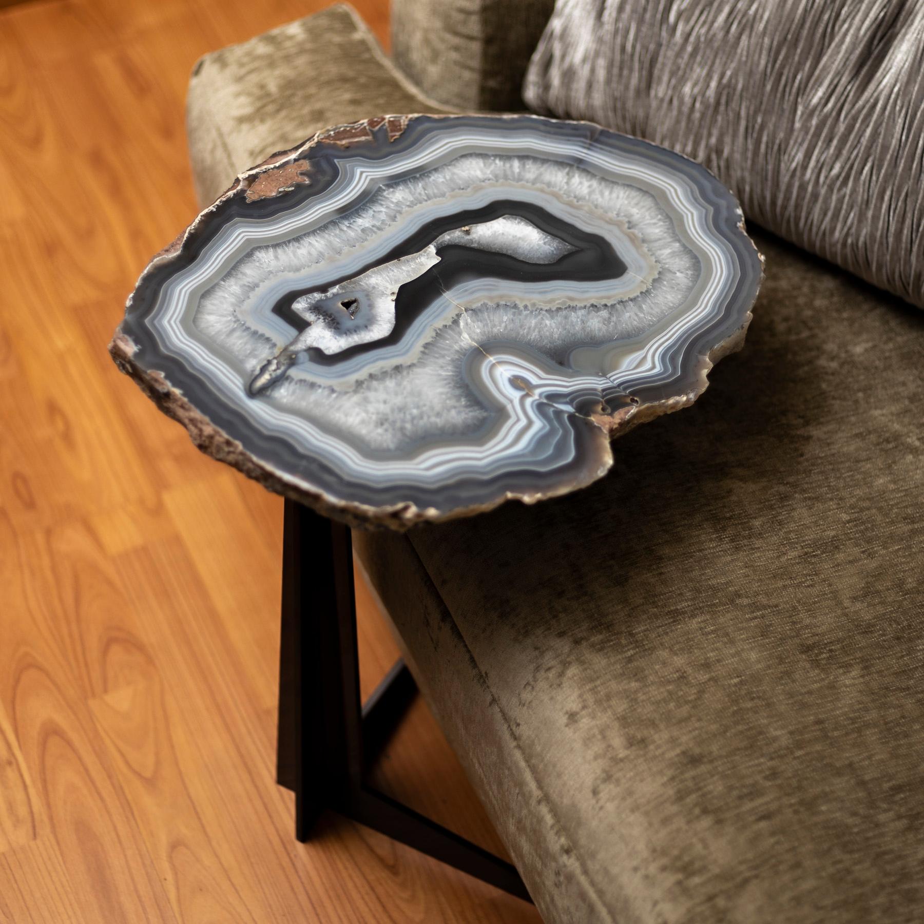 Side or Cocktail Table, Petrified Wood Slab with Gold Color Metal Base 6