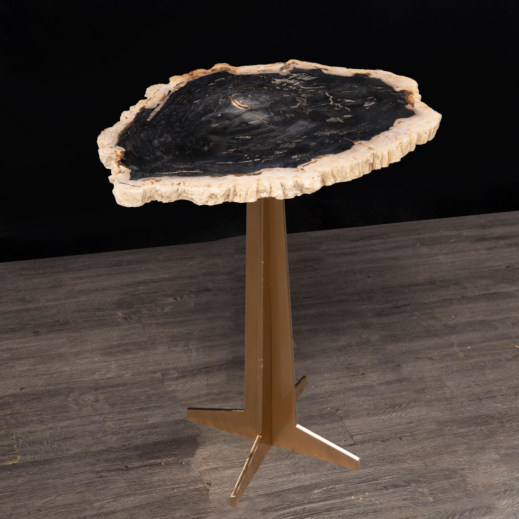 Beistell- oder Cocktailtisch, versteinerter Holzsockel mit goldfarbenem Metallsockel (Organische Moderne) im Angebot