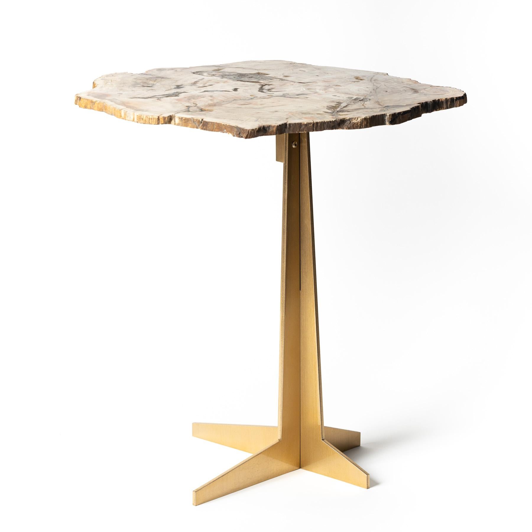 Mexican Side or Cocktail Table, Petrified Wood Slab with Gold Color Metal Base For Sale