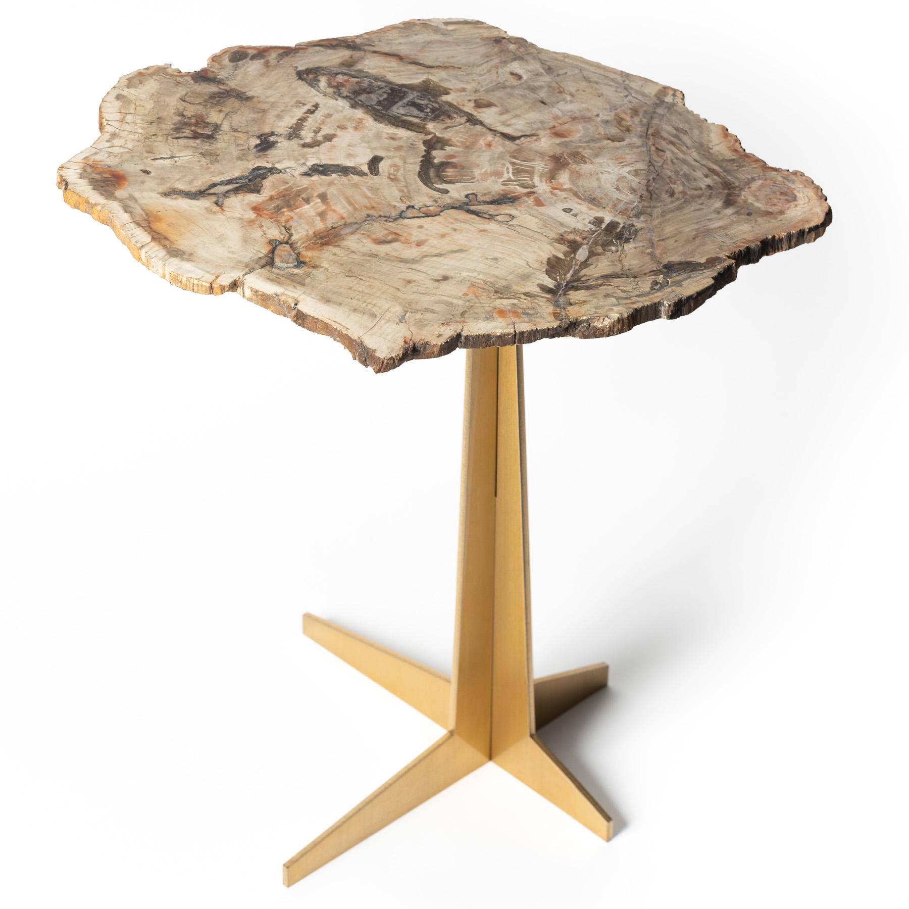 Side or Cocktail Table, Petrified Wood Slab with Gold Color Metal Base In New Condition For Sale In Polanco, CDMX