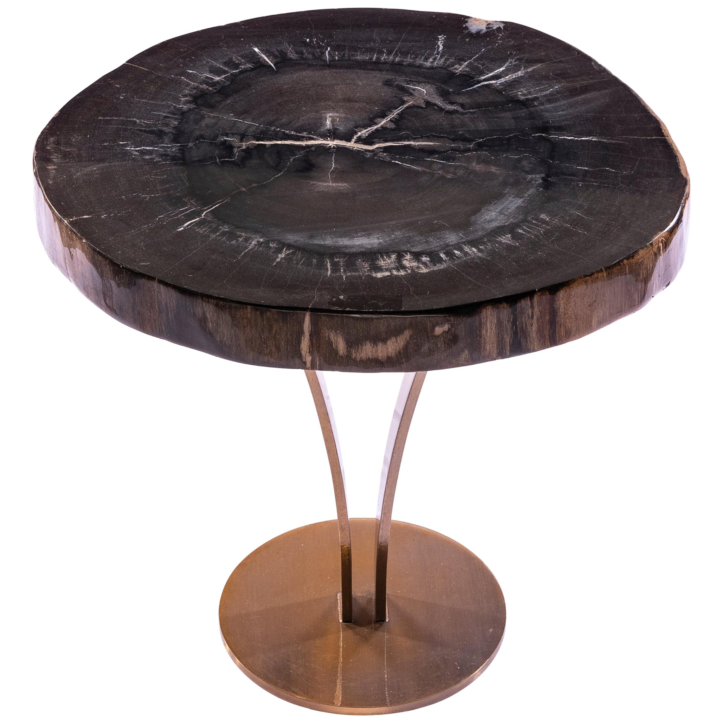 Side or Cocktail Table, Petrified Wood Top with Gold Color Metal Base