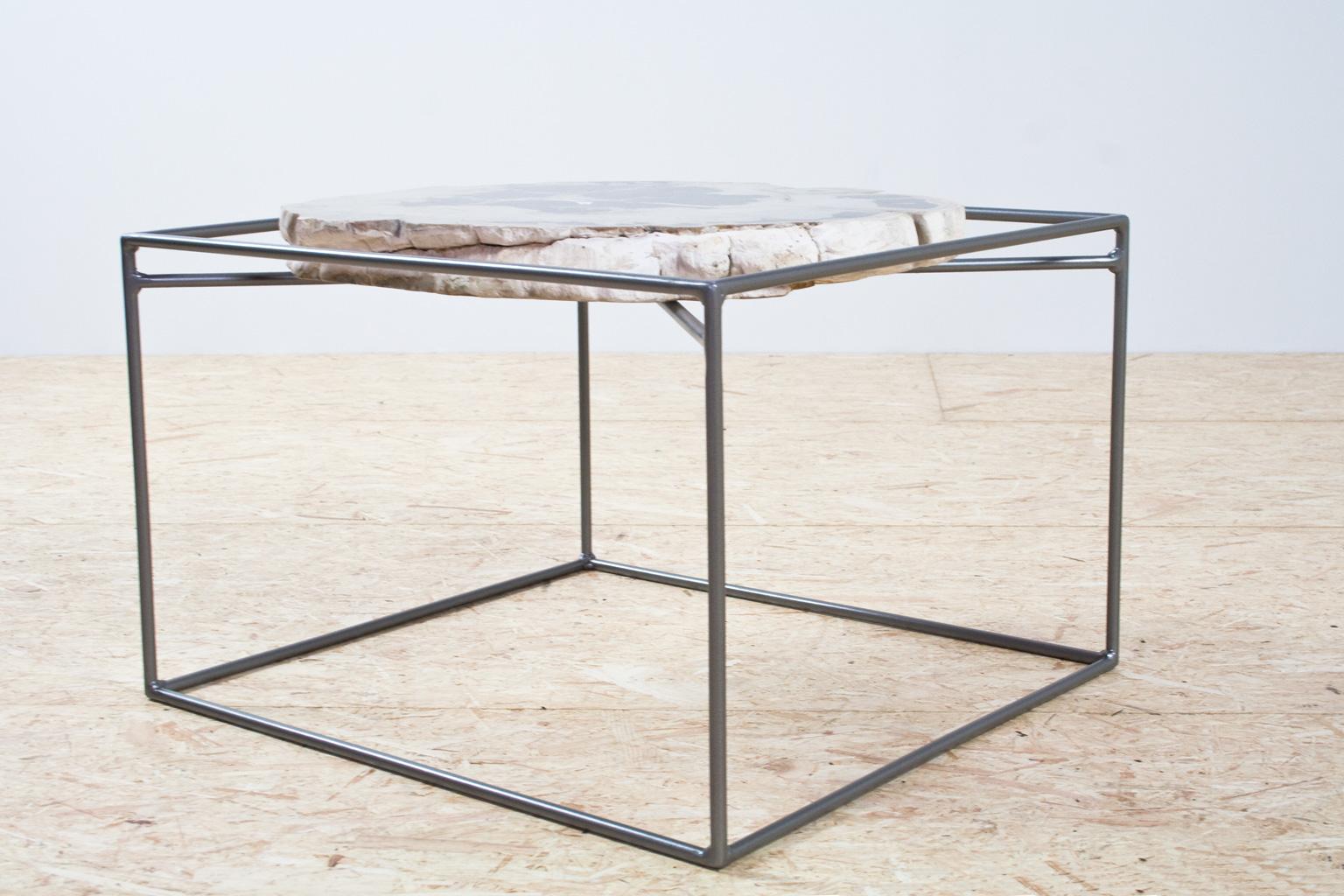 Organic Modern Side or Cocktail Table with Petrified Wood Tabletop Metal Frame Base For Sale