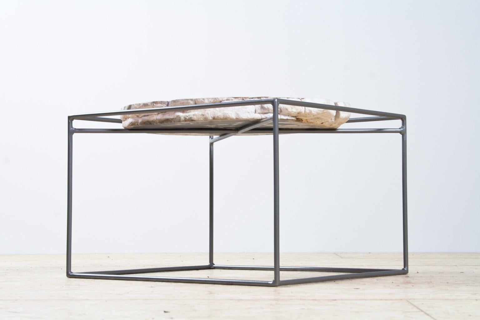 Indonesian Side or Cocktail Table with Petrified Wood Tabletop Metal Frame Base For Sale