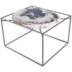 Antique Side or Cocktail Table with Petrified Wood Tabletop Metal Frame Base