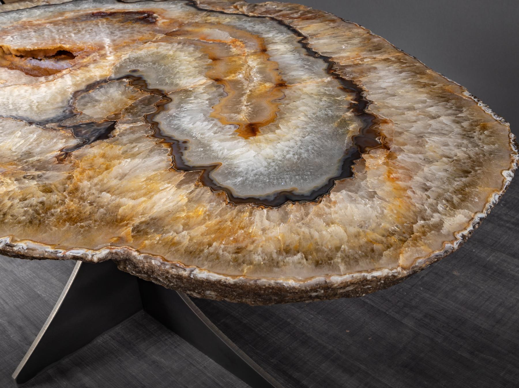 Organic Modern Side or Coffee Table, Brazilian Agate with Gold Color Metal Base
