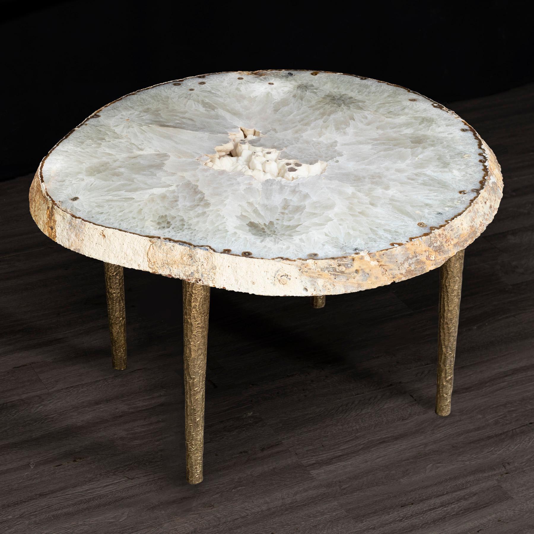 Organic Modern Side or Coffee Table, White Brazilian Agate with Solid Bronze Base
