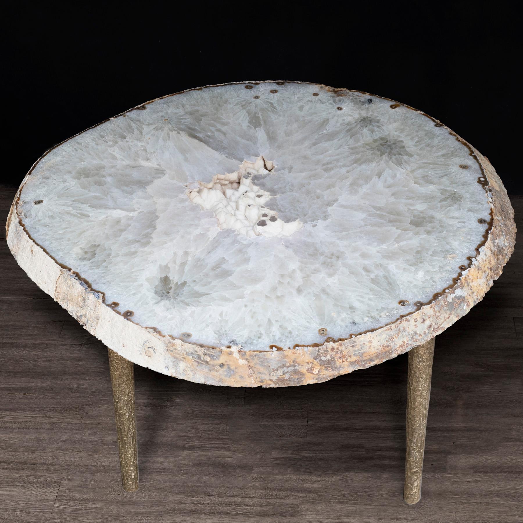 Polished Side or Coffee Table, White Brazilian Agate with Solid Bronze Base