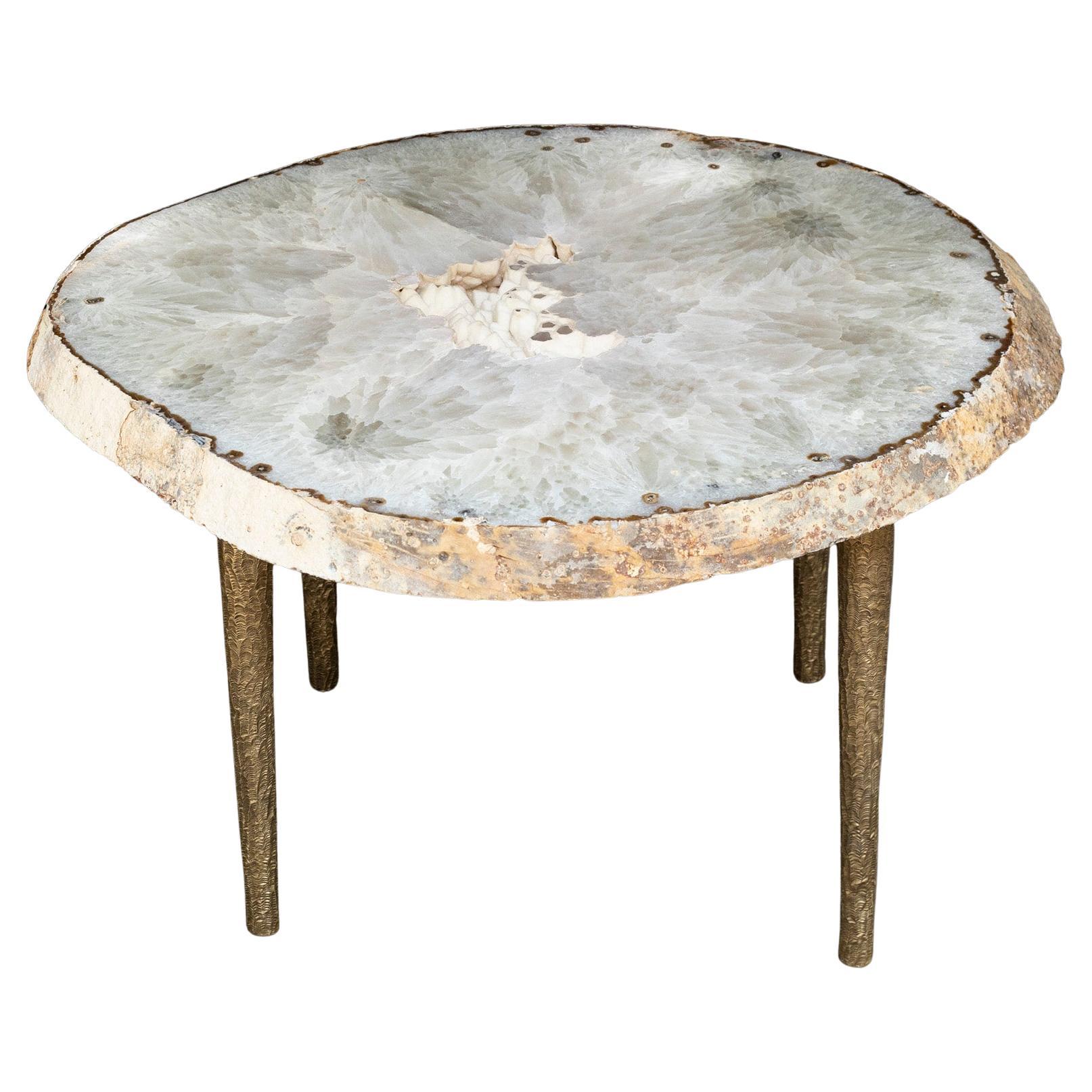 Side or Coffee Table, White Brazilian Agate with Solid Bronze Base