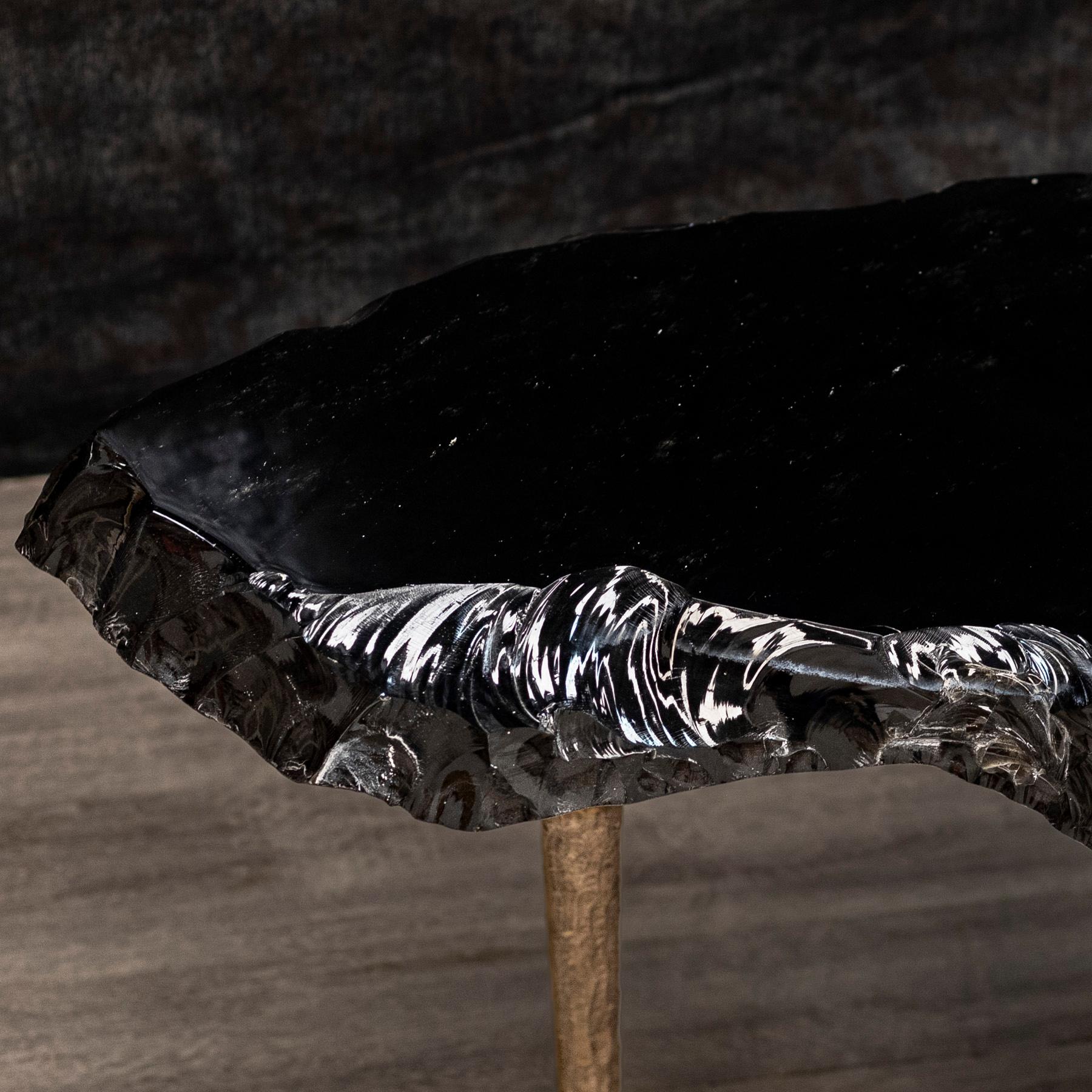 Organic Modern Side or Coffee Table, Mexican Obsidian with Solid Bronze Legs