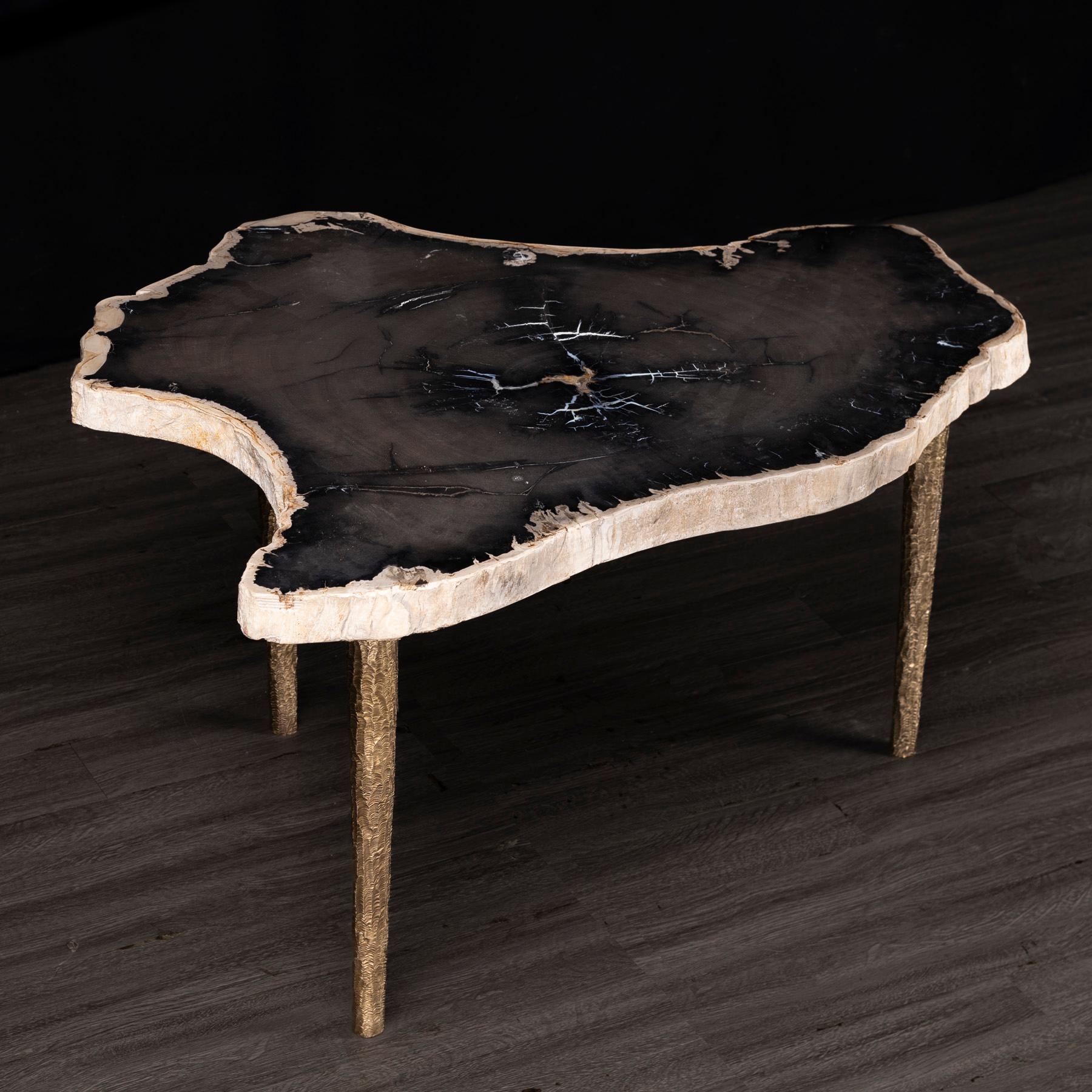 Organique Table d'appoint ou table basse, bois pétrifié avec base en bronze massif en vente