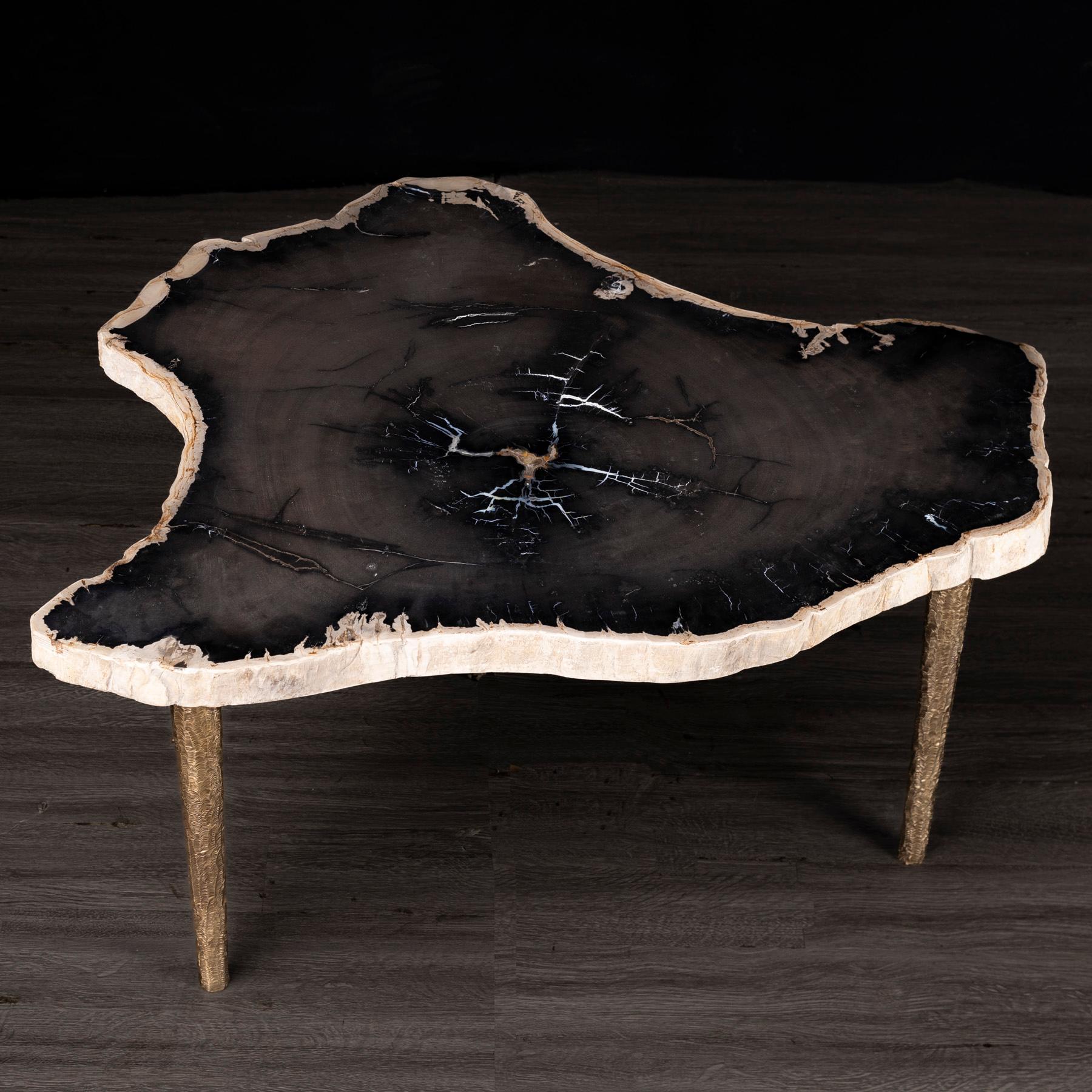 Mexicain Table d'appoint ou table basse, bois pétrifié avec base en bronze massif en vente