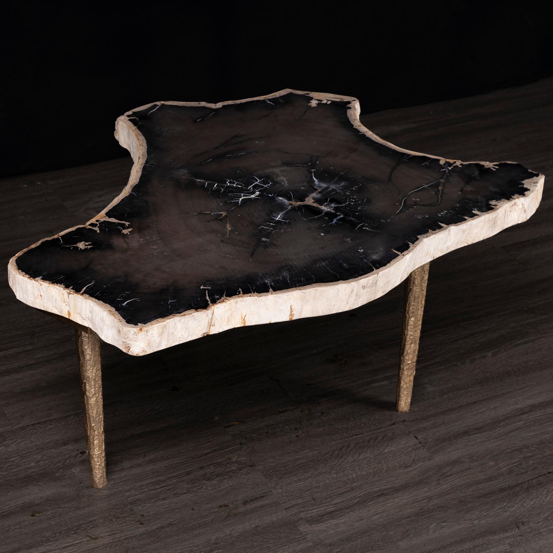 Mexicain Table d'appoint ou table basse en bois pétrifié avec base en bronze massif en vente
