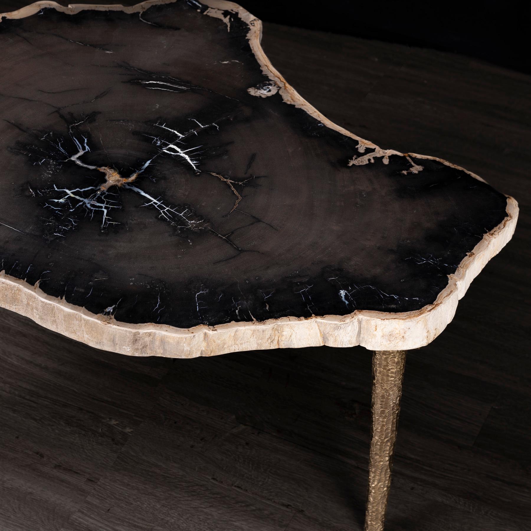 Poli Table d'appoint ou table basse, bois pétrifié avec base en bronze massif en vente