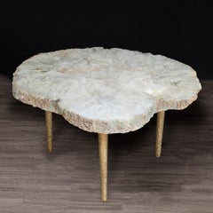 Side or Coffee Table, White Brazilian Agate with Solid Bronze Base