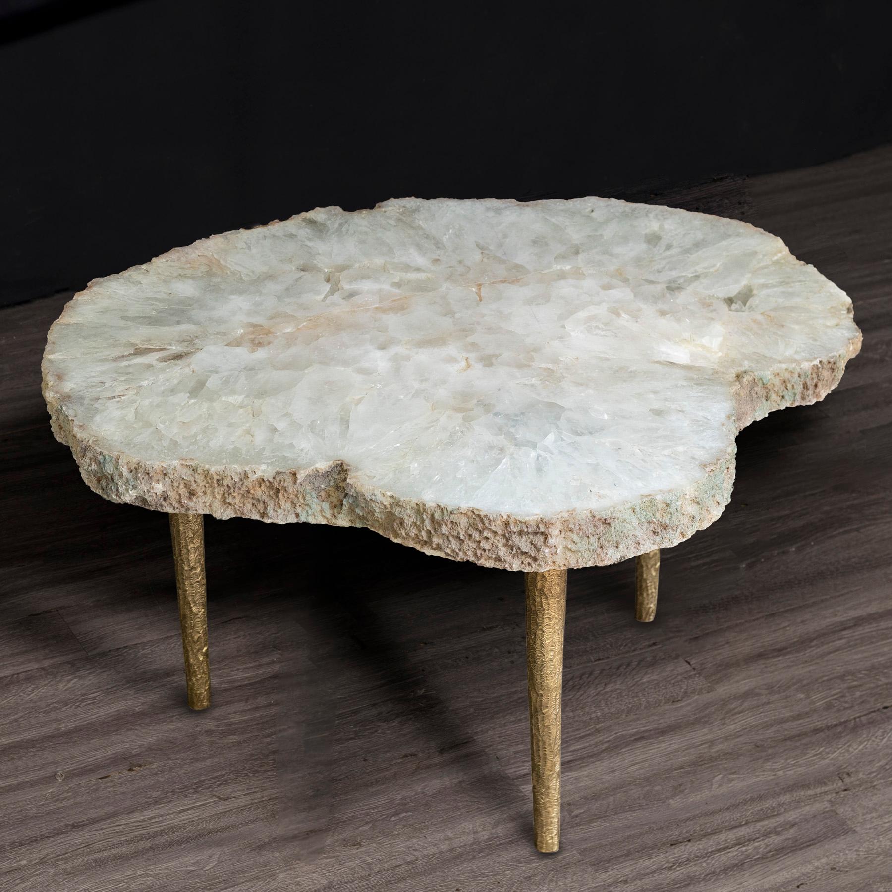 Organic Modern Side or Coffee Table, White Brazilian Agate with Solid Bronze Base