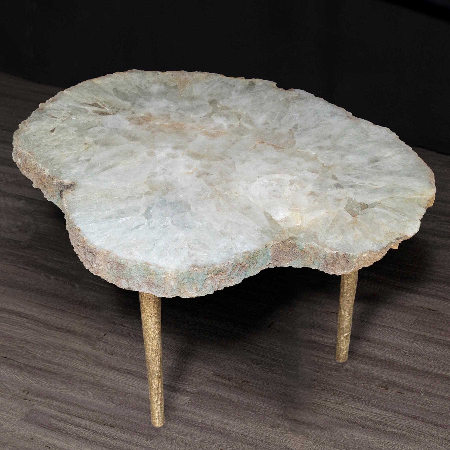 Mexican Side or Coffee Table, White Brazilian Agate with Solid Bronze Base