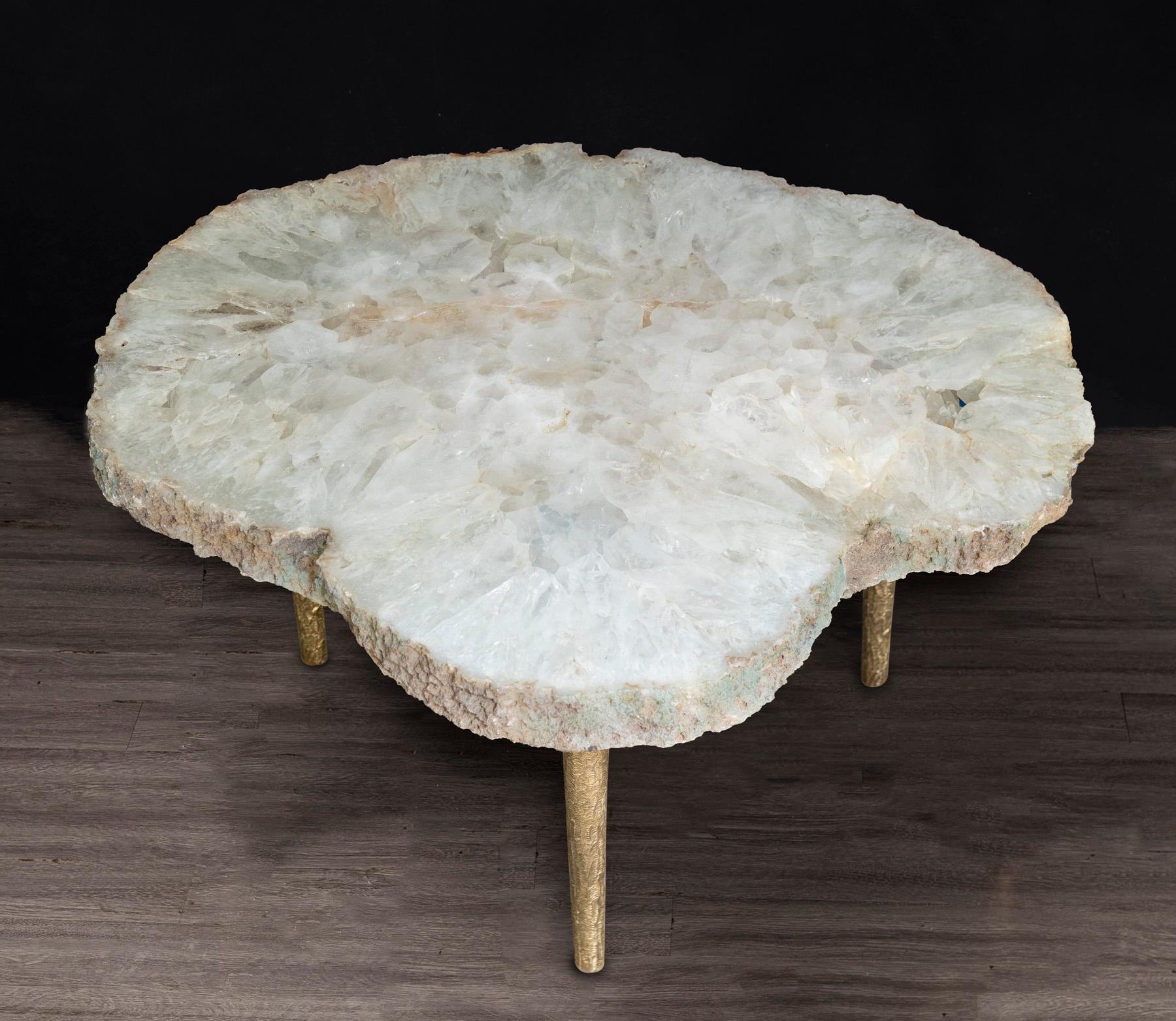 Polished Side or Coffee Table, White Brazilian Agate with Solid Bronze Base