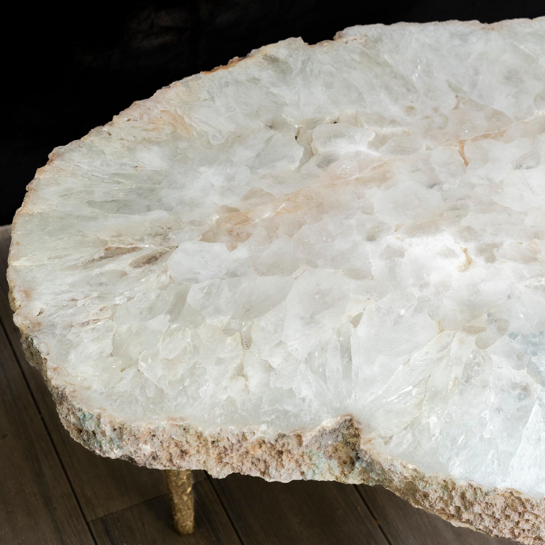 Contemporary Side or Coffee Table, White Brazilian Agate with Solid Bronze Base