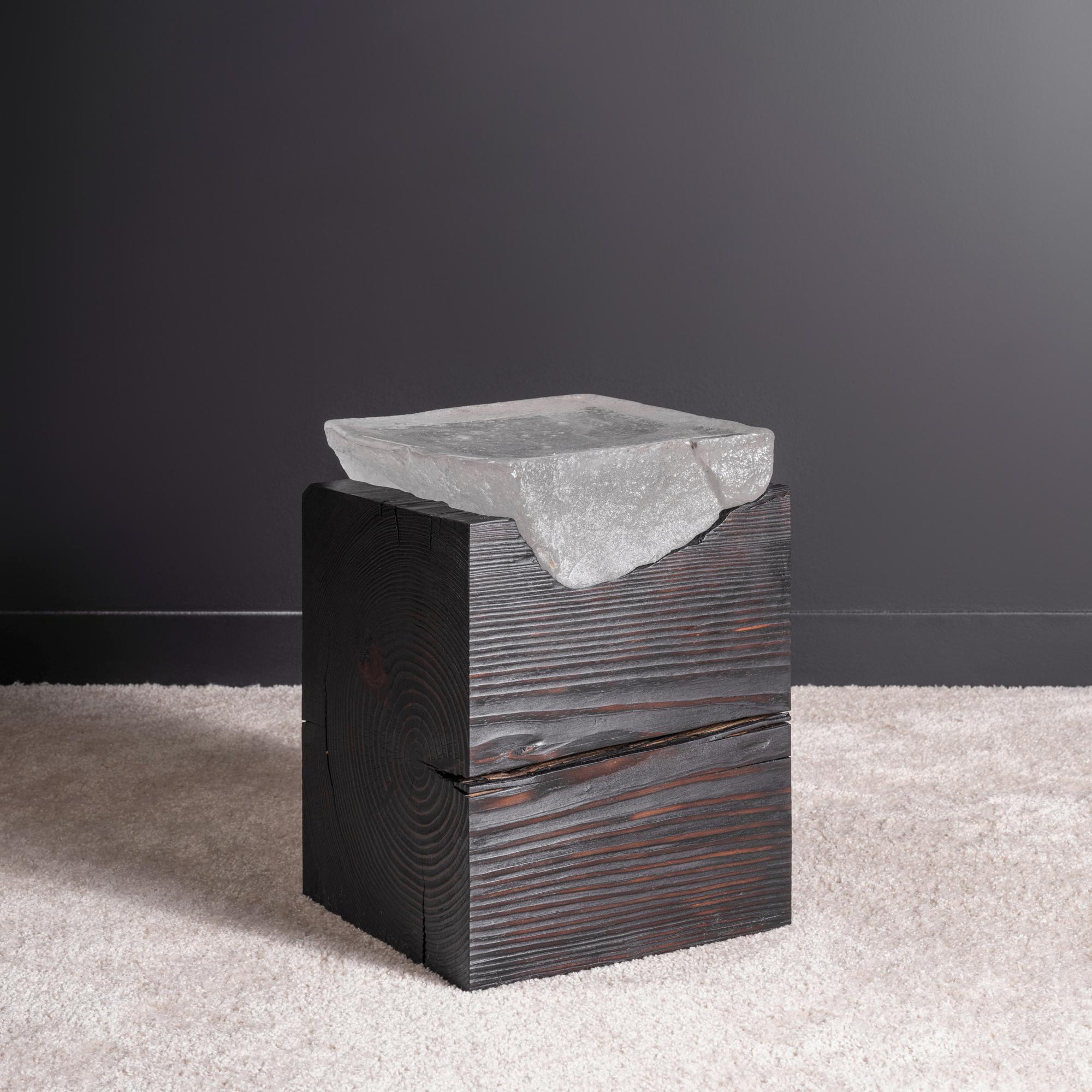 American Side or End Table with Cast Glass Top on Charred and Carved Reclaimed Wood Block For Sale