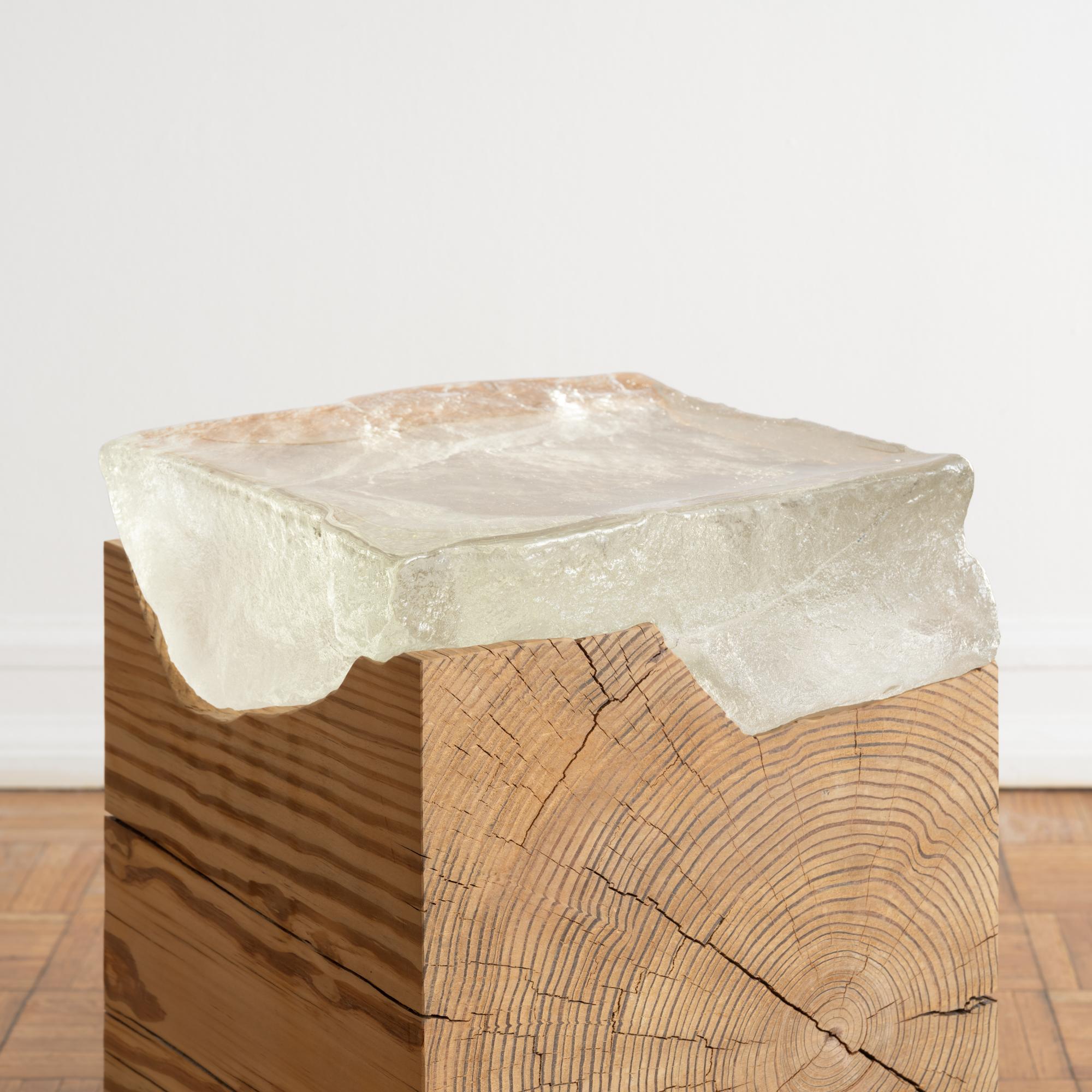 American Side or End Table with Cast Glass Top on Hand-Carved Reclaimed Wood Block For Sale