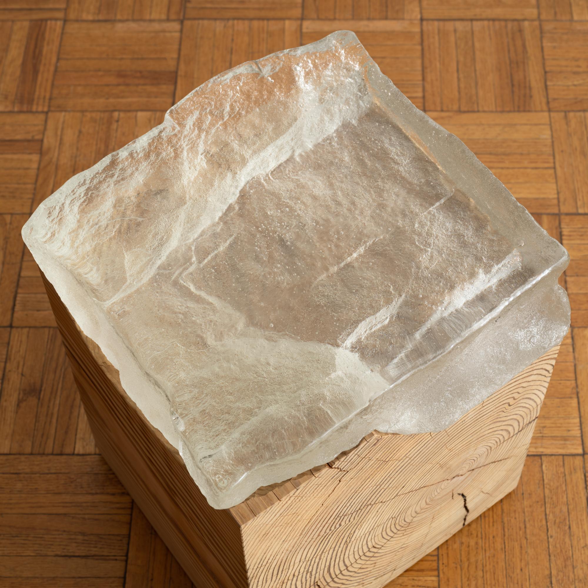 Contemporary Side or End Table with Cast Glass Top on Hand-Carved Reclaimed Wood Block For Sale
