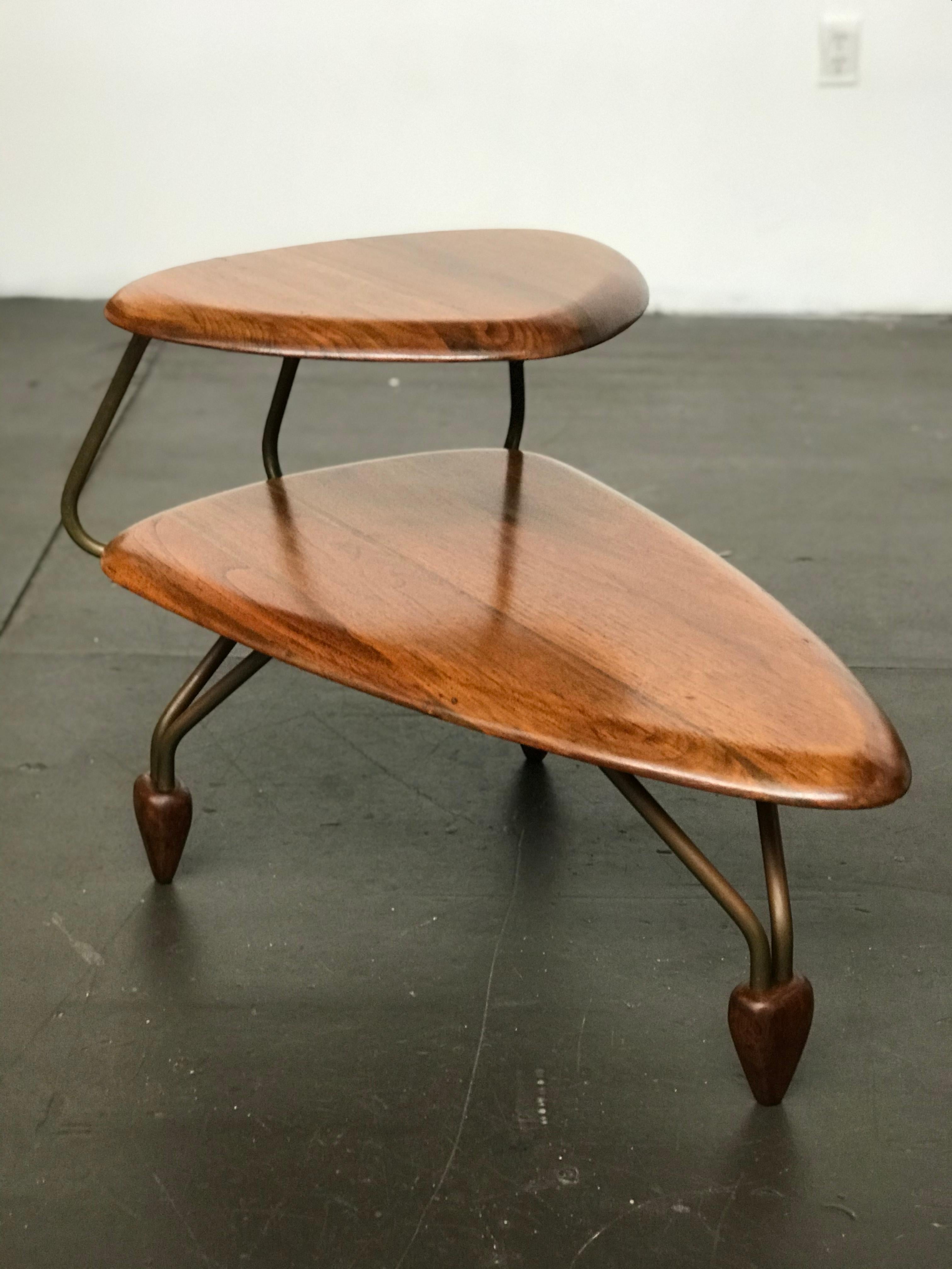 Mid Century Modern Side Step Table in Walnut and Brass after John Keal 7