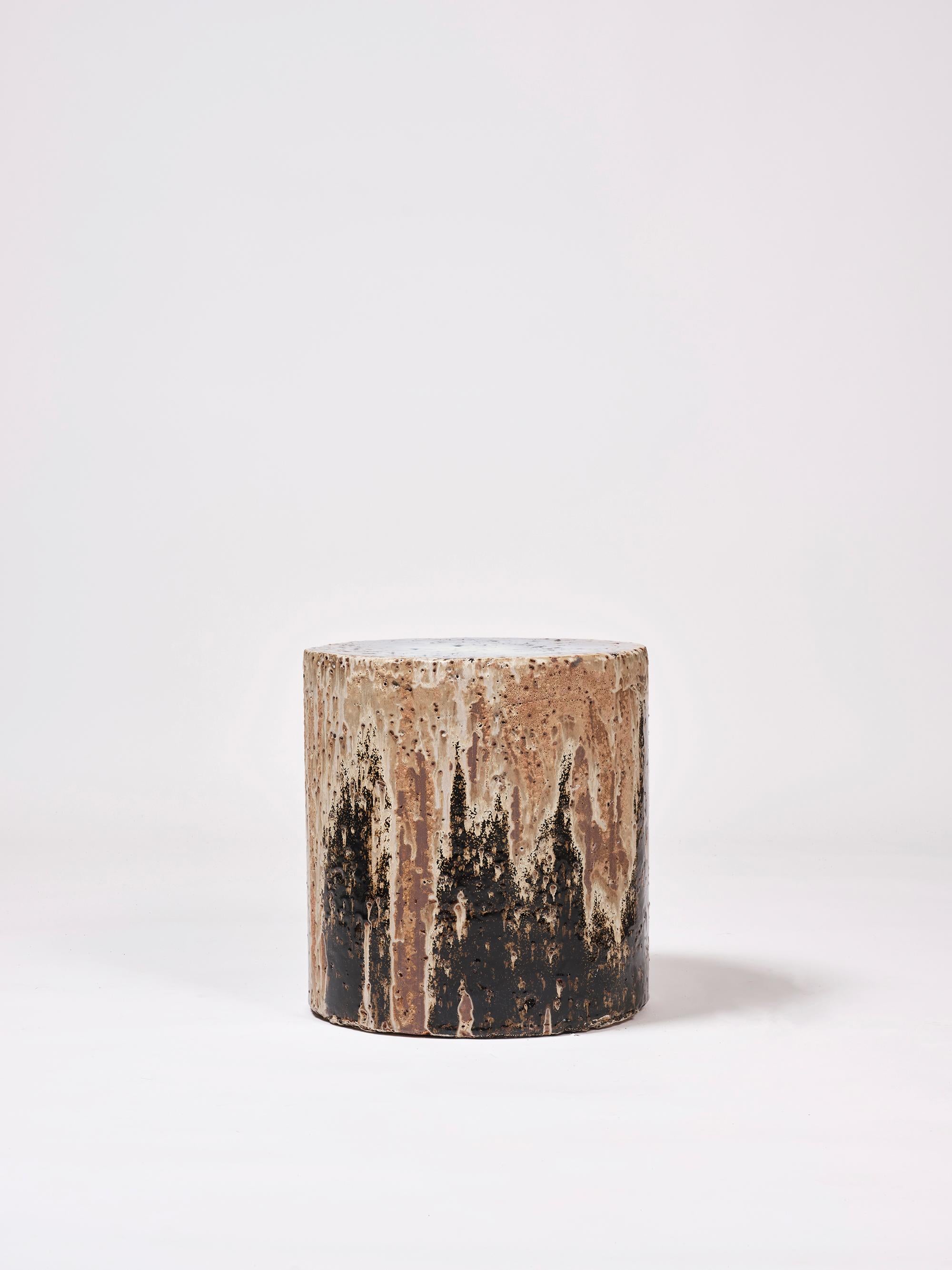 Spanish Contemporary Ceramic Side Table Column Stool Blue Black Beige Glazed Earthenware