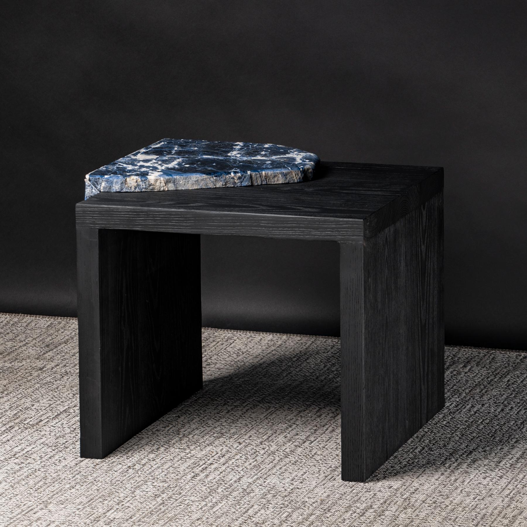 Organic Modern Side Table American Solid Ashwood with Brazilian Sodalite Slab For Sale