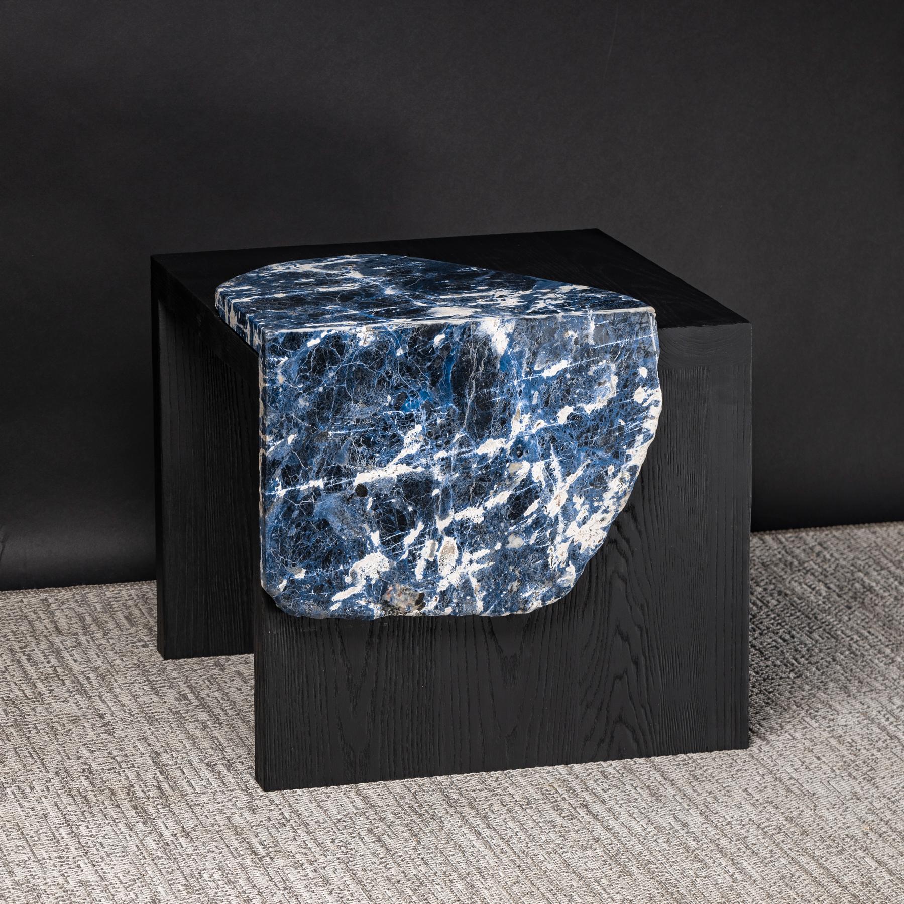 Mexican Side Table American Solid Ashwood with Brazilian Sodalite Slab For Sale
