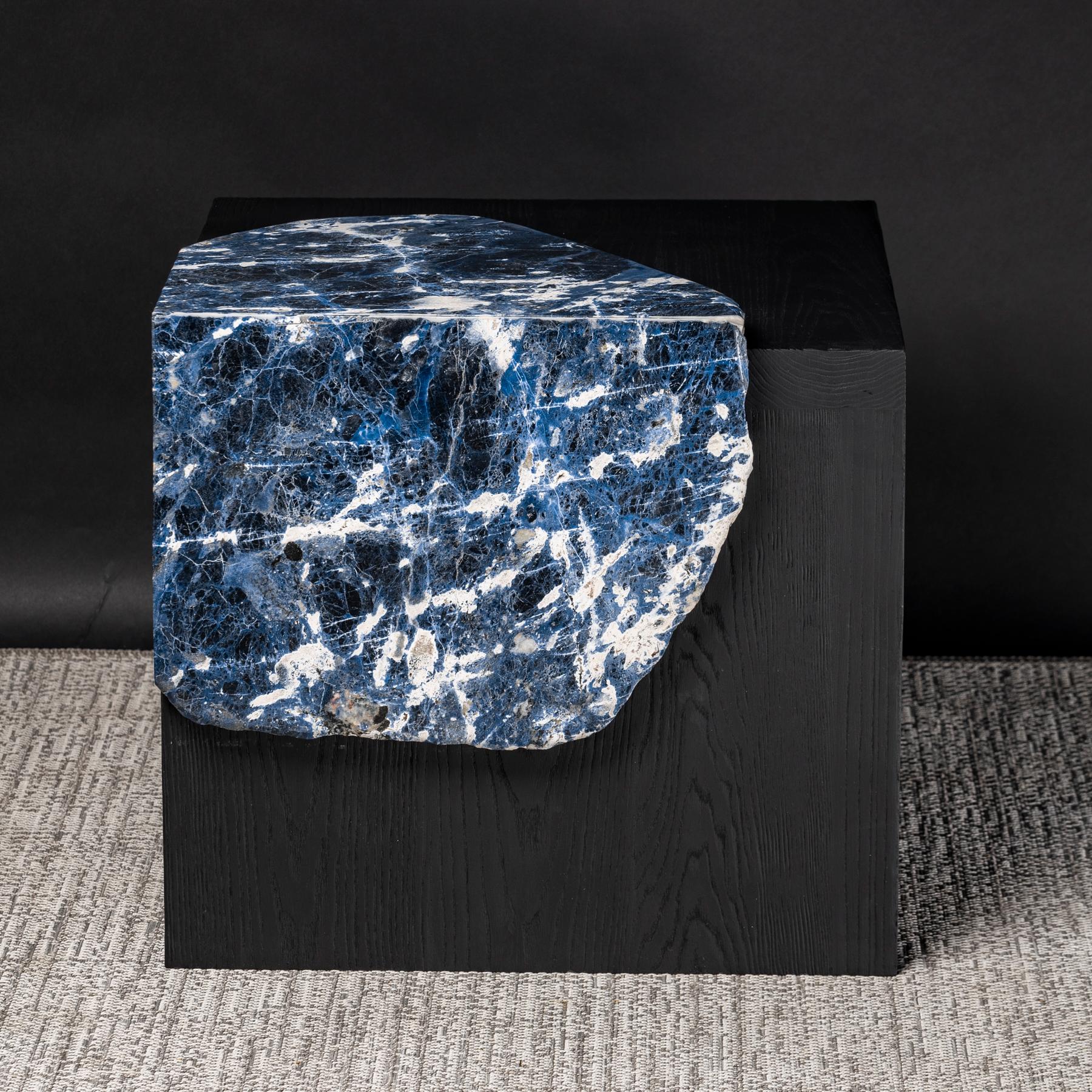 Painted Side Table American Solid Ashwood with Brazilian Sodalite Slab For Sale