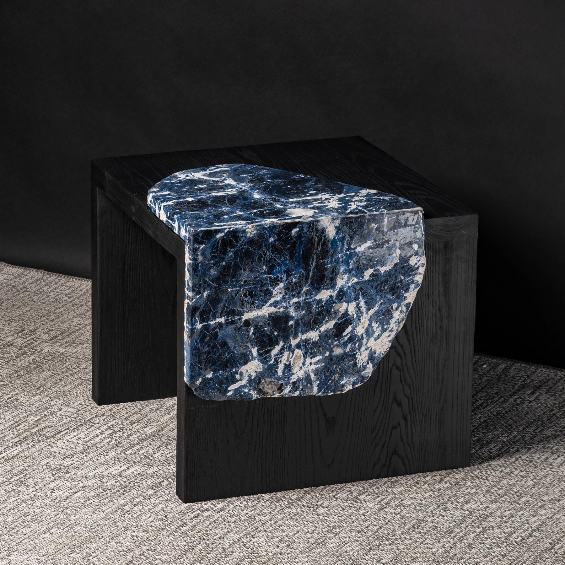 Contemporary Side Table American Solid Ashwood with Brazilian Sodalite Slab For Sale