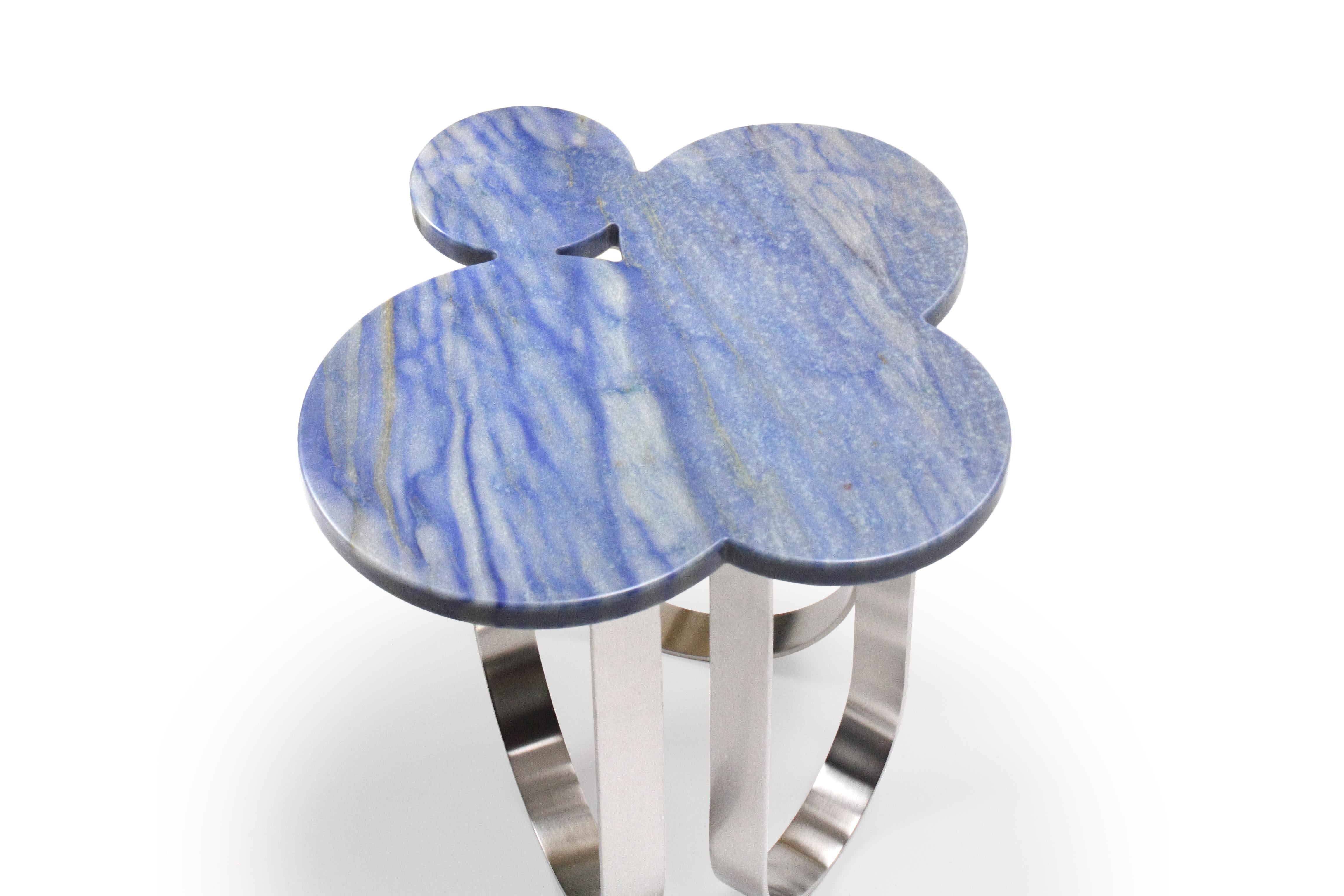 Modern Side or End Table Blue Azul Macaubas Marble Brushed Stell Collectible Design For Sale