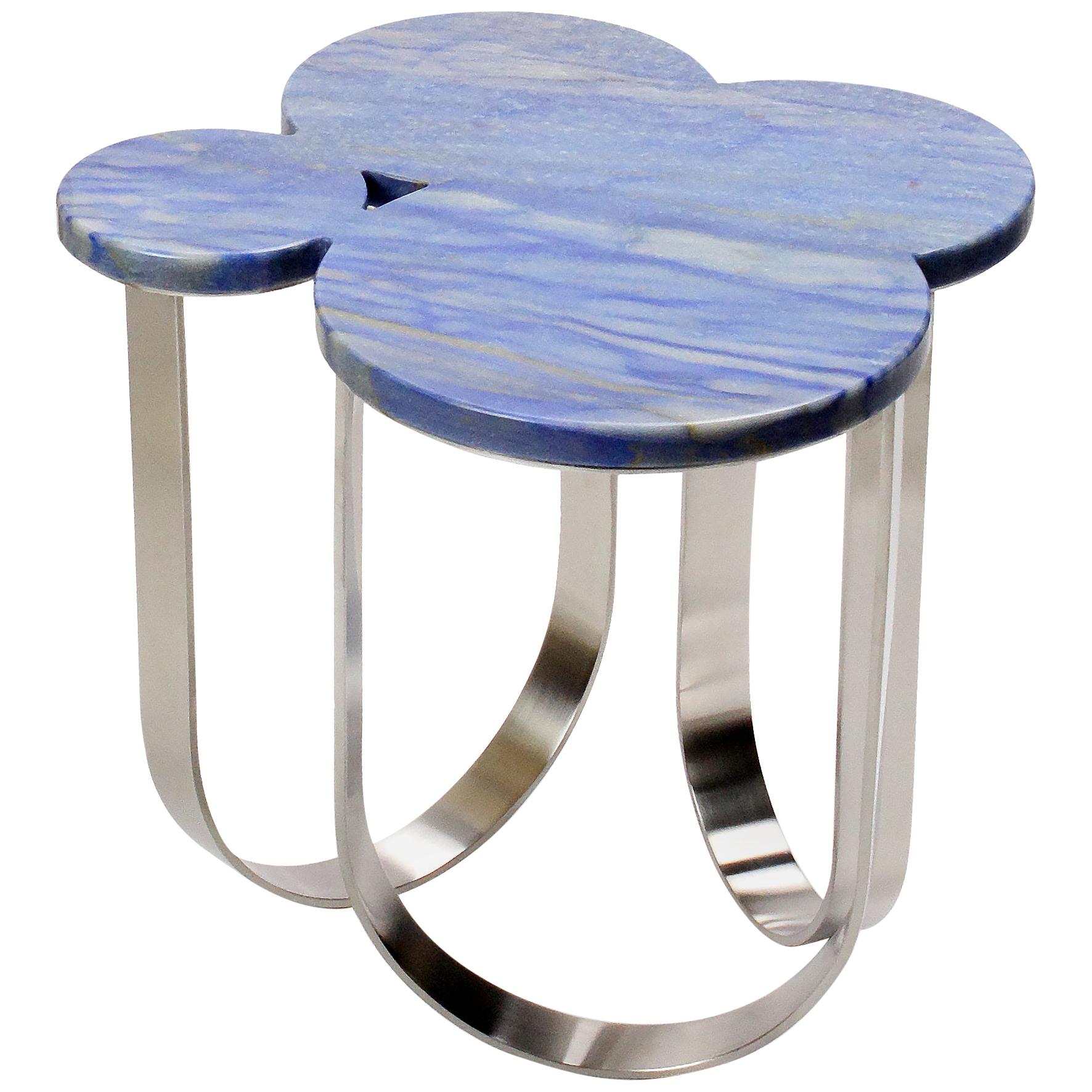 Side or End Table Blue Azul Macaubas Marble Brushed Stell Collectible Design