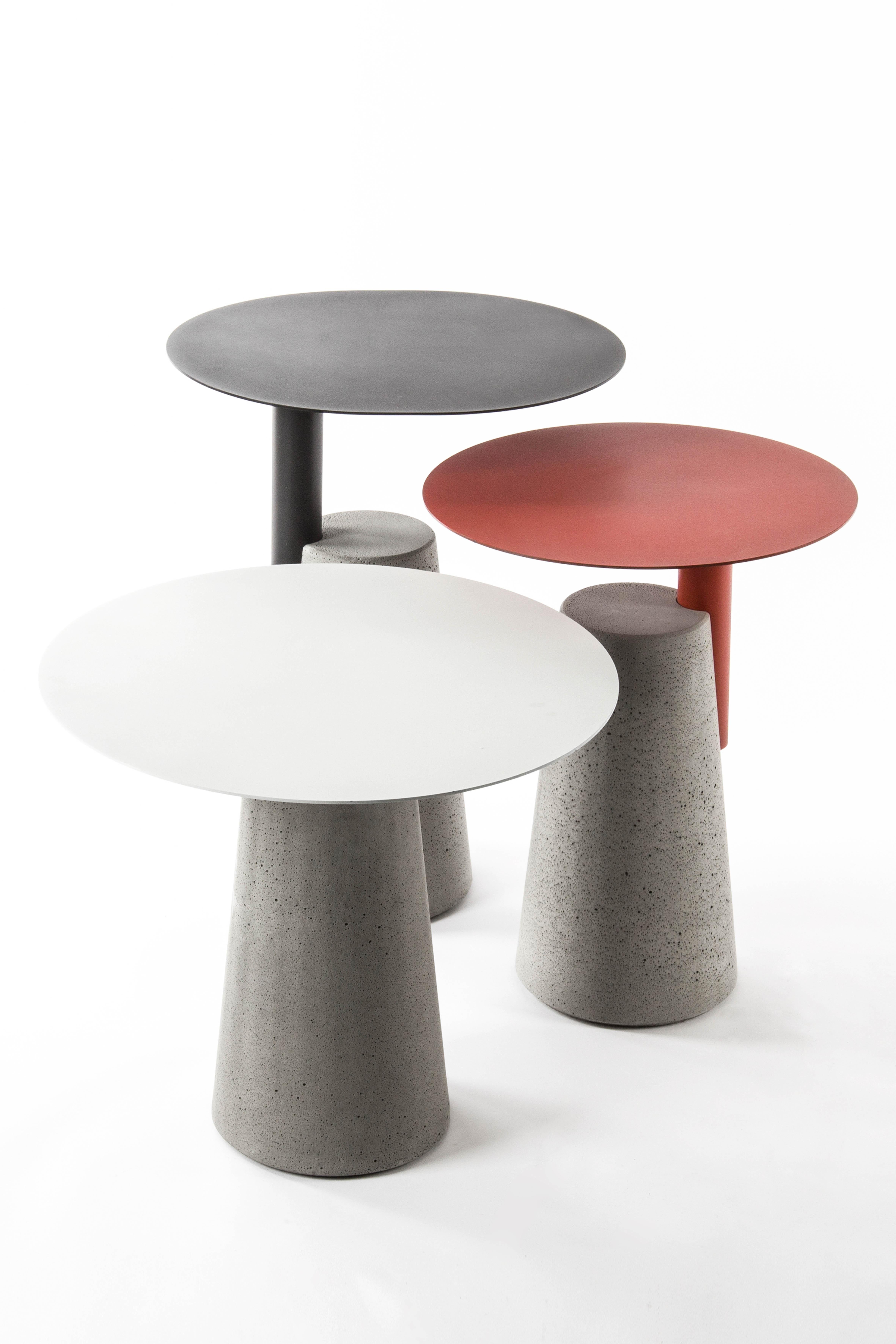 'BAI' is a collection of side table
by Bentu design

Tabletop: Steel
Table base: Concrete

3 sizes available:
- Small H 45 cm, D 50 cm
- Medium H 52 cm, D 40 cm
- Large H 60 cm, D 45 cm

3 colors available: 
Black
White
Red

Bentu