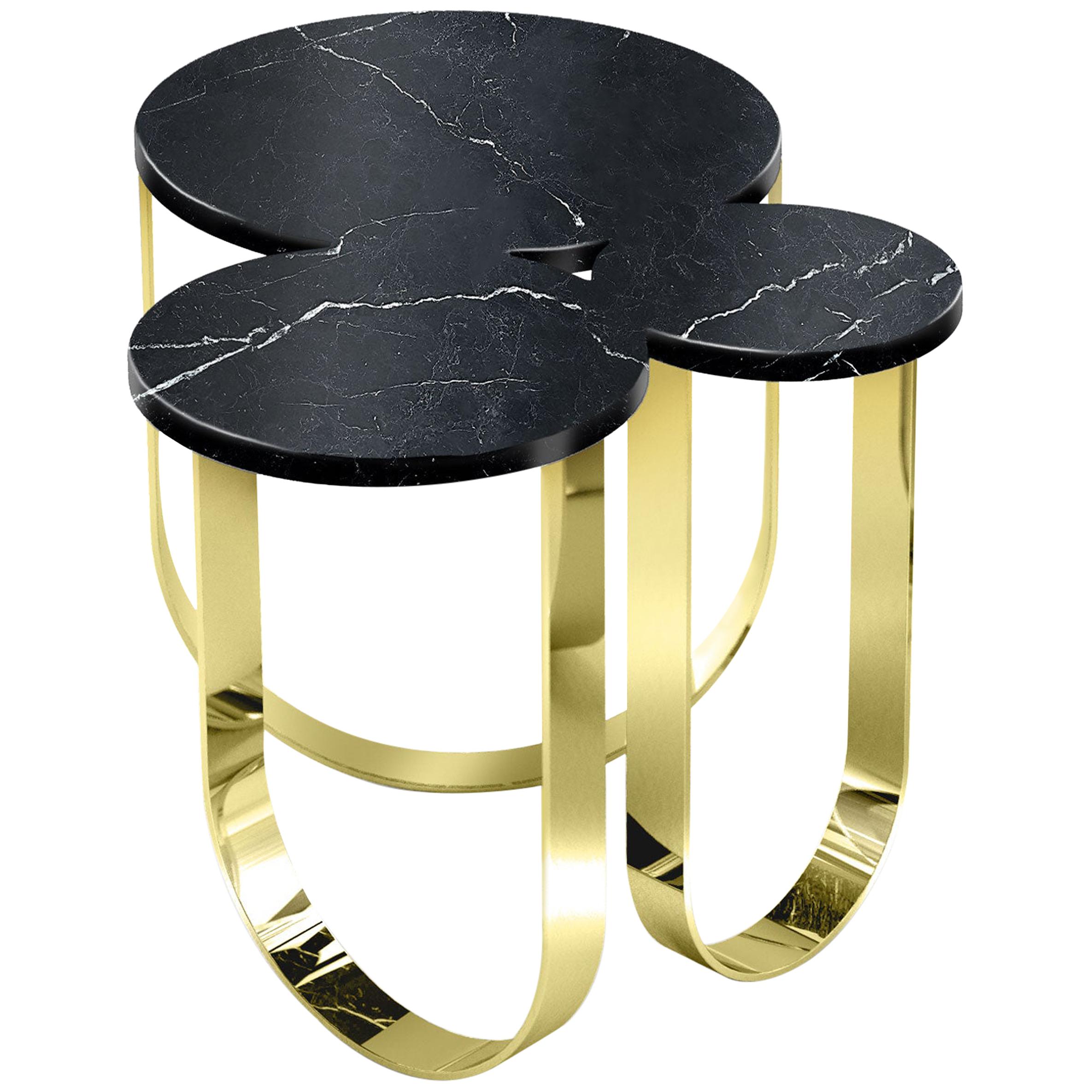 Side or End Table Black Marquinia Marble Mirror Brass Gold Collectible Design