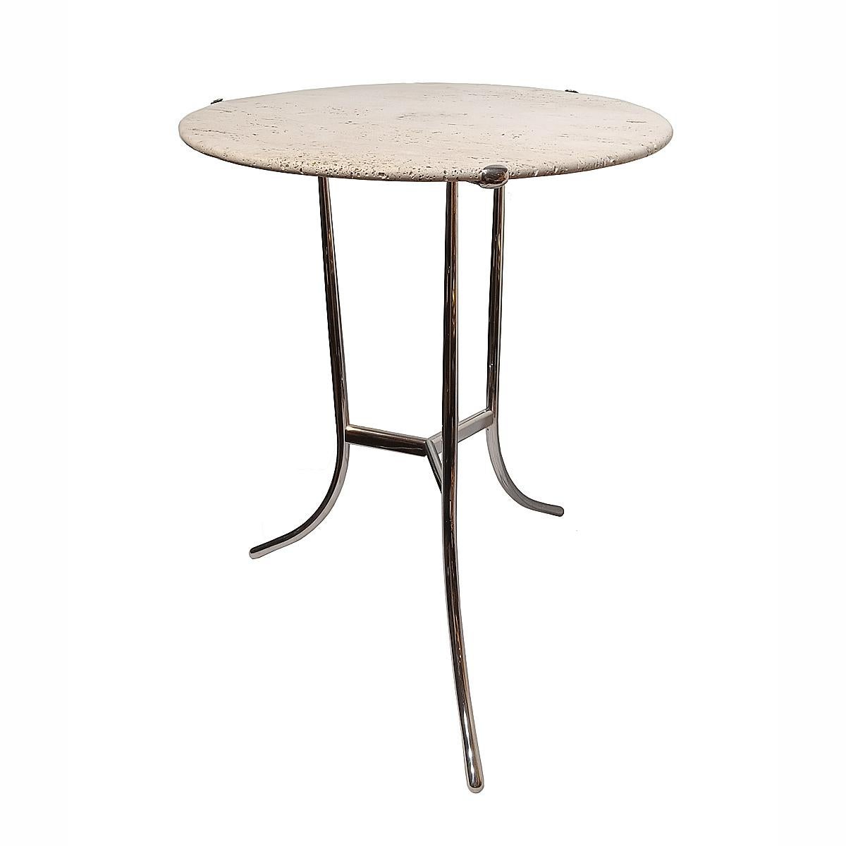 Late 20th Century Side Table by Cedric Hartman, in Travertine Marble and Nickel-Plated Brass