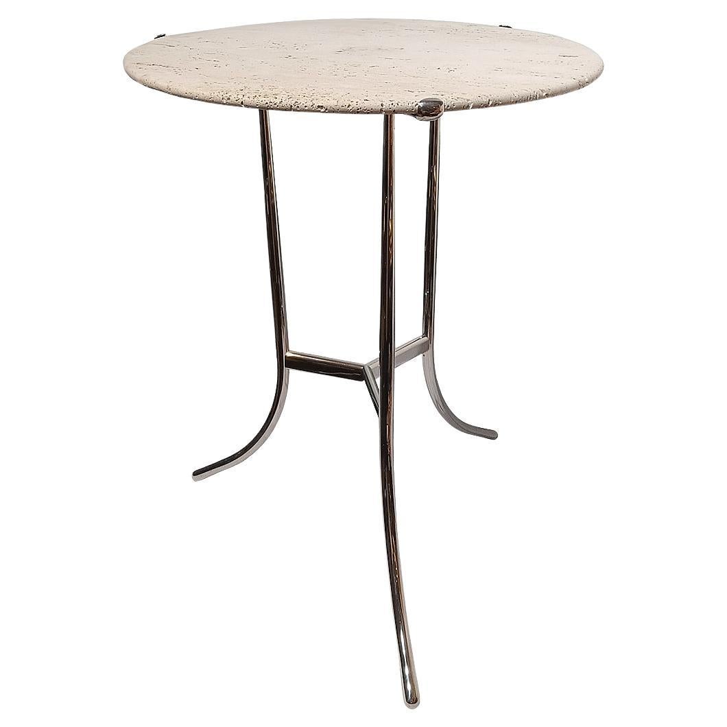 Side Table by Cedric Hartman, in Travertine Marble and Nickel-Plated Brass