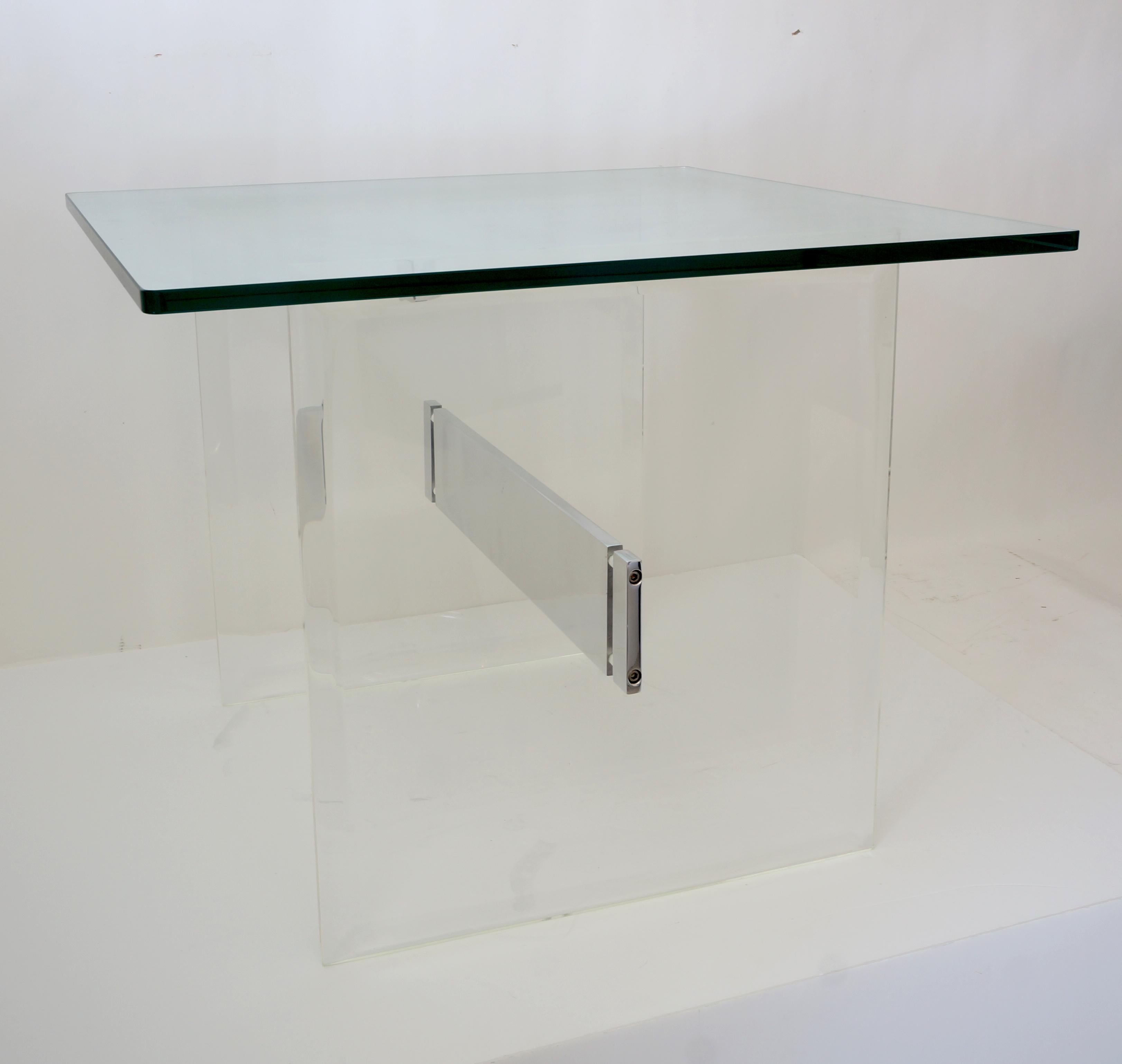 This stylish lucite, glass and aluminum side table dates to the 1970s and is by Charles Hollis Jones.

Note: The lucite and the aluminum has been professionally polished.