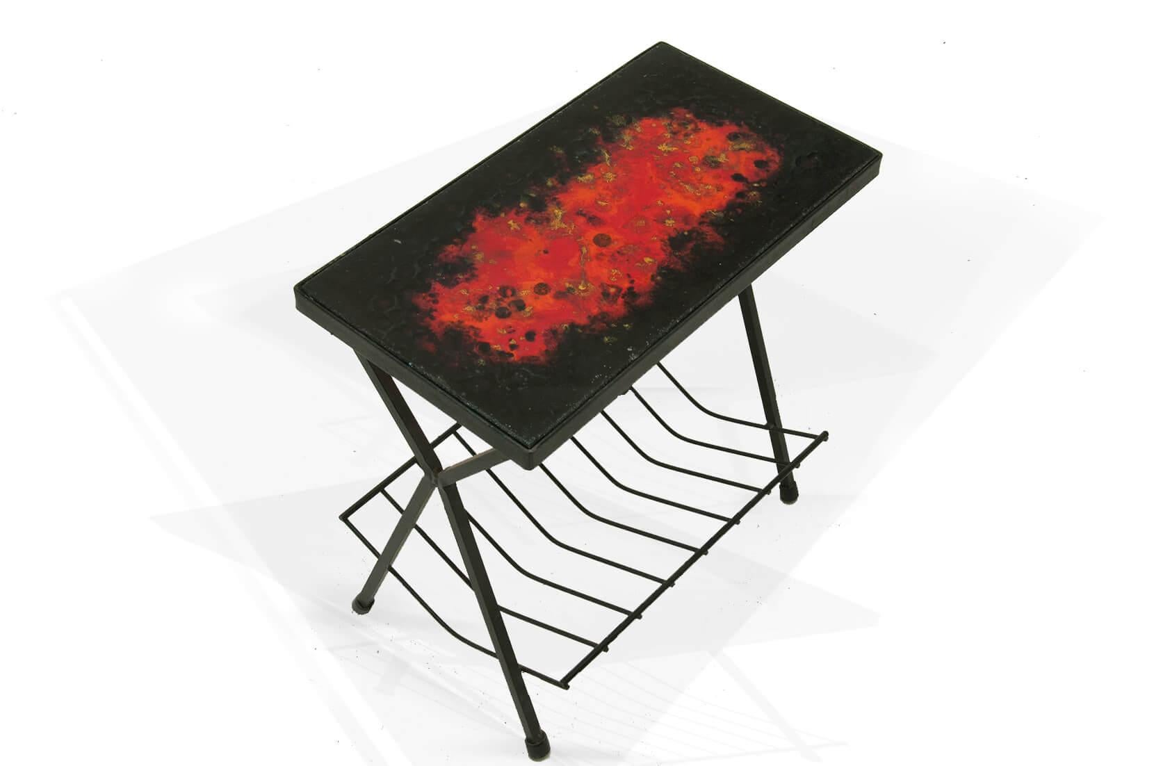 Side Table by Jean and Robert Cloutier, Ceramic on Lava, Red, Black, France 1950 2