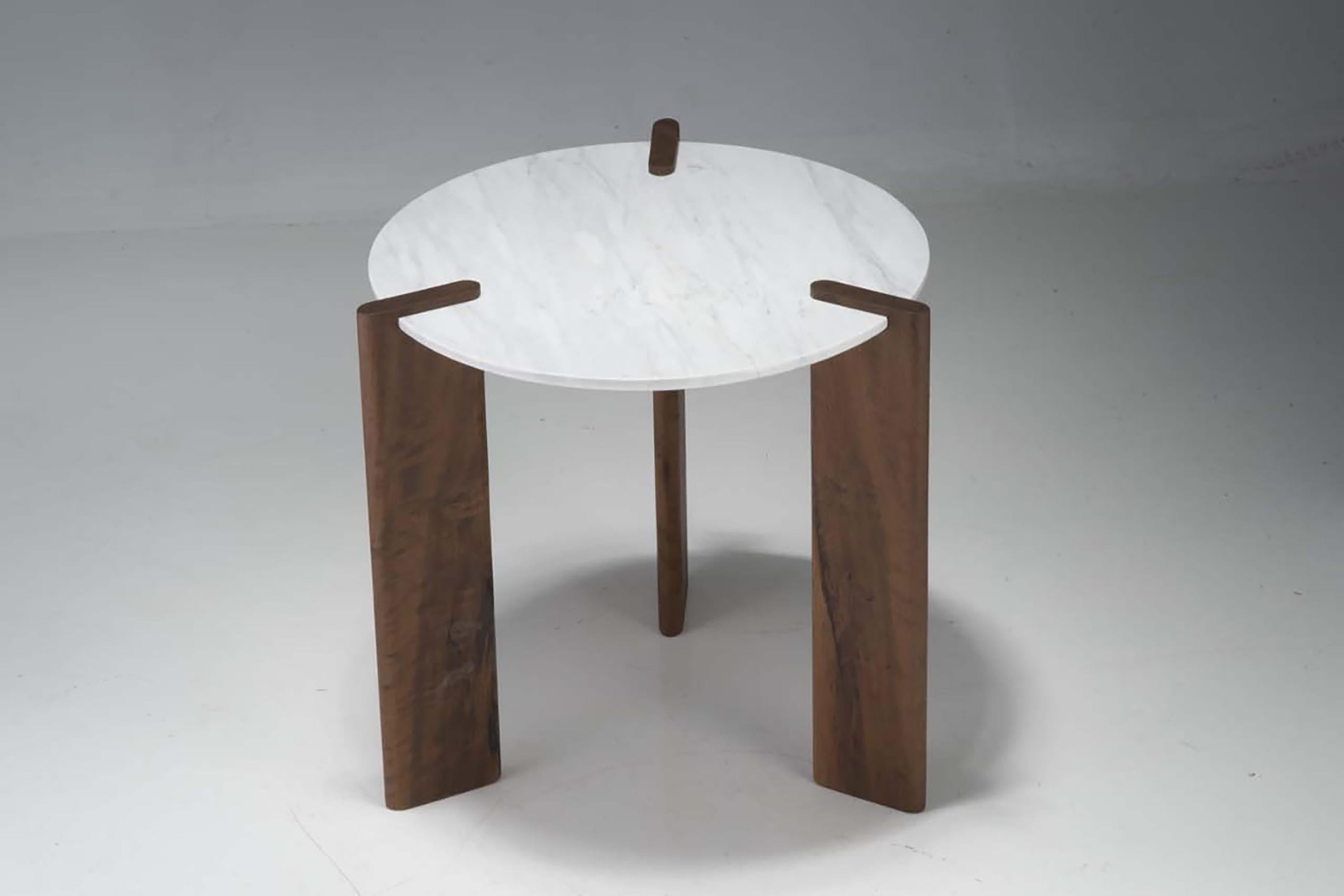 Carved Side Table by Juliana Vasconcellos in Brazilian Solid Wood and Carrara Marble