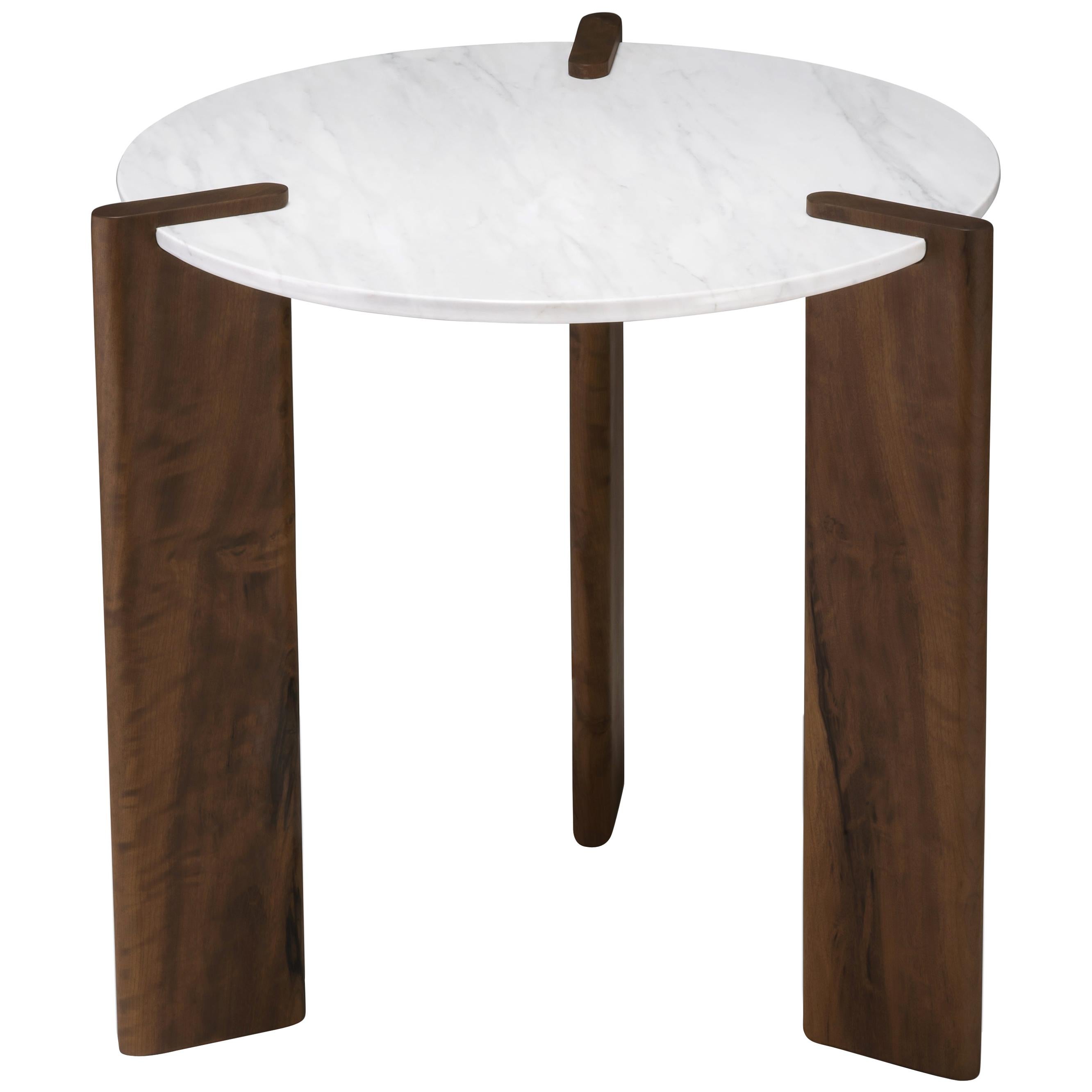 Side Table by Juliana Vasconcellos in Brazilian Solid Wood and Carrara Marble