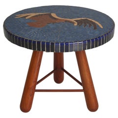 Round side Table, Otto Færge in Stained Elm & Blue Mosaic Tiles, Denmark, 1940