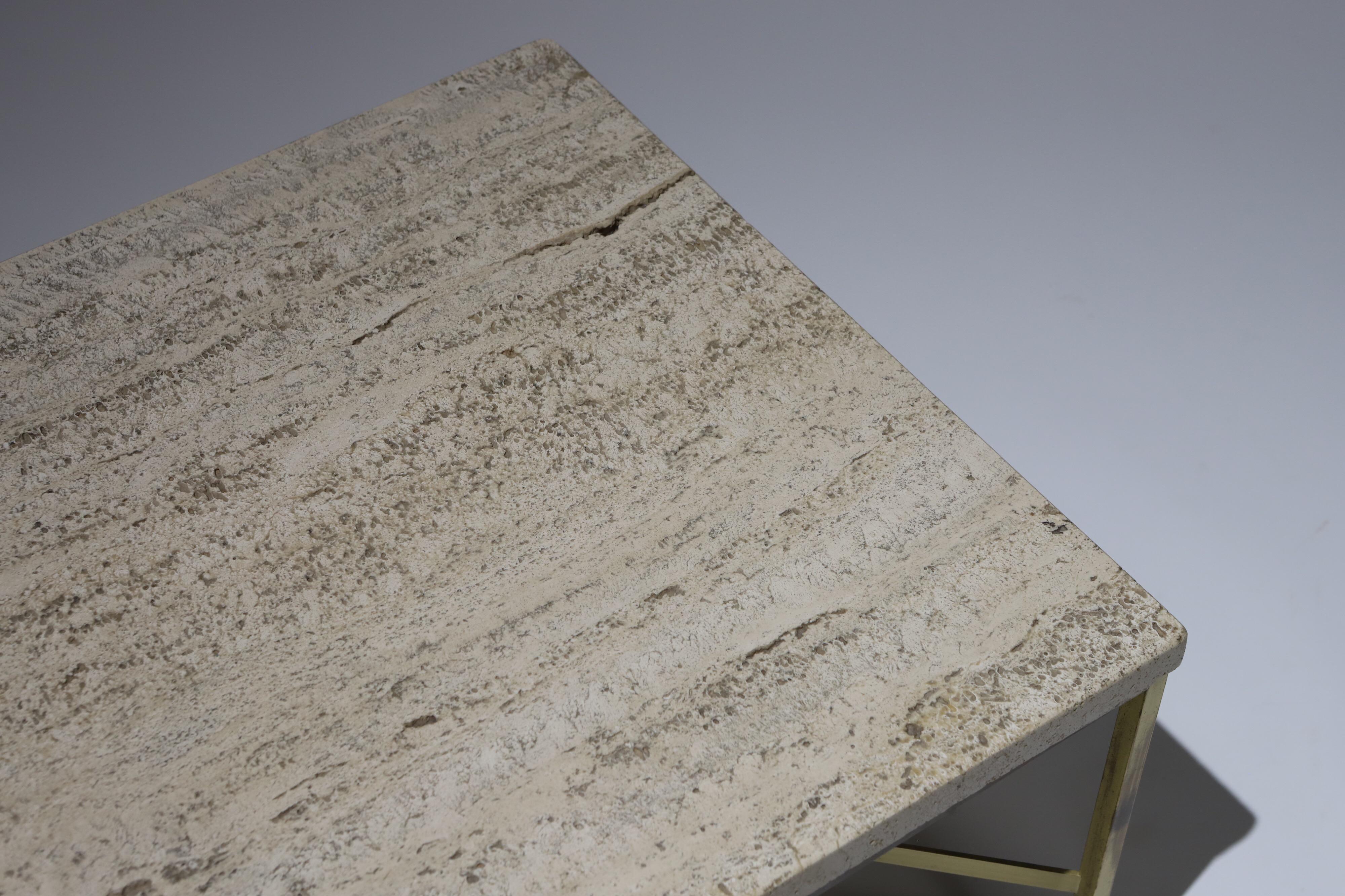 Small travertine and brass side table or cocktail table designed by Paul McCobb for Calvin.