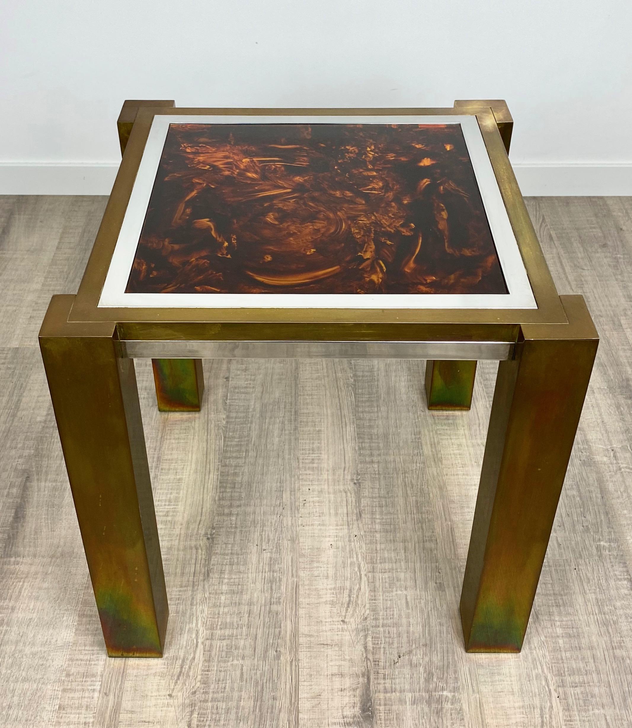 Side table by the Italian designer Romeo Rega in faux tortoiseshell and chrome surface and brass structure. Made in Italy, circa 1970.