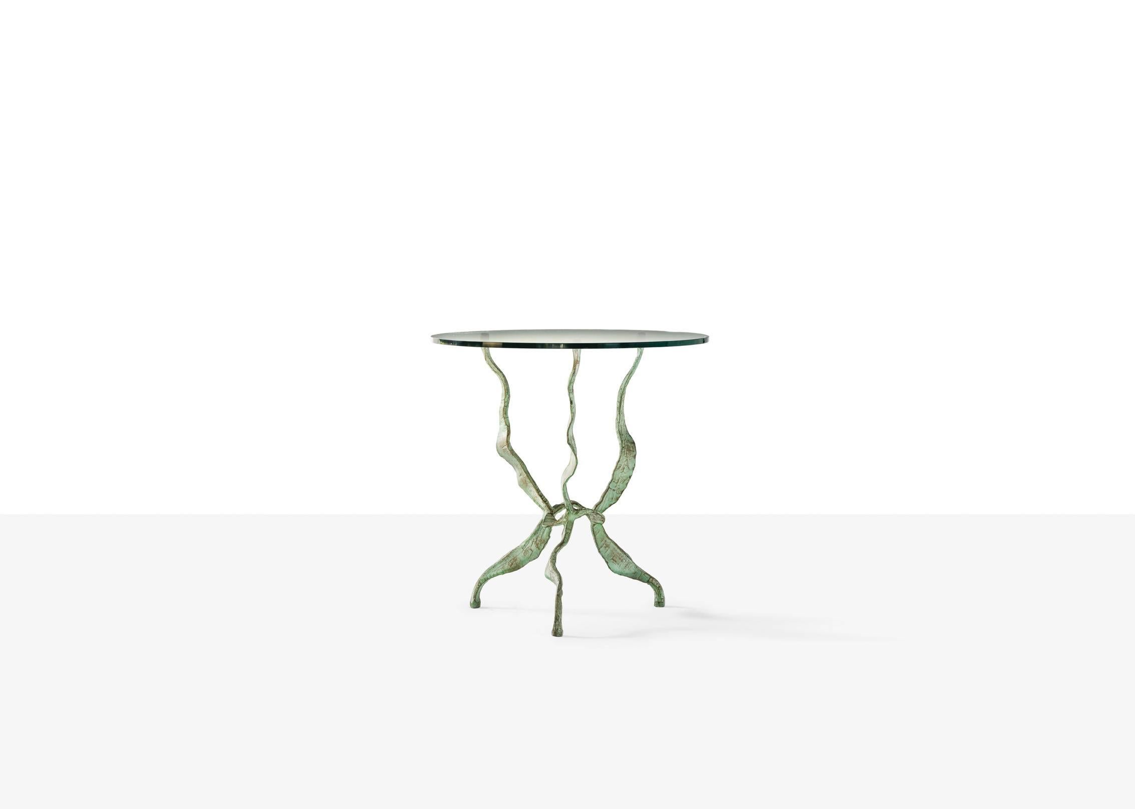 'Alghe' side table by Salvino Marsura
The base is made from hand-forged and hammered steel and is finished with powder colored pigments.
Measure: Glass top is 60cm diameter, custom size of glass on request.
Made in Treviso, Italy.