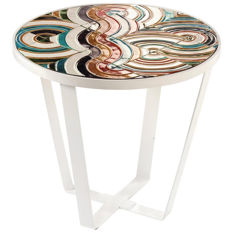 Side Table Caldas Round with Portuguese Tiles For Sale