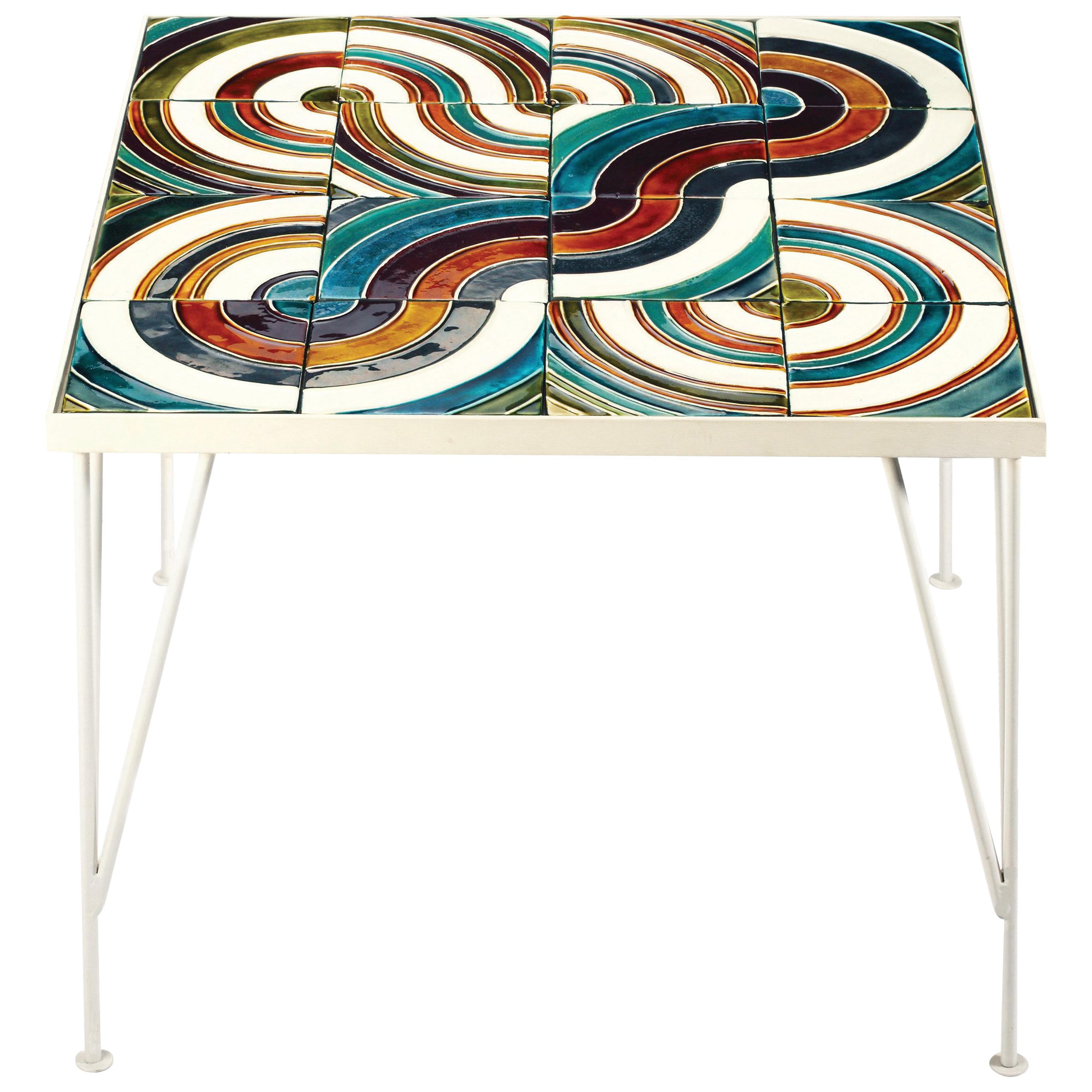 Vernissé Table d'appoint Caldas Taupe Patterm avec carreaux portugais pour l'extérieur en vente