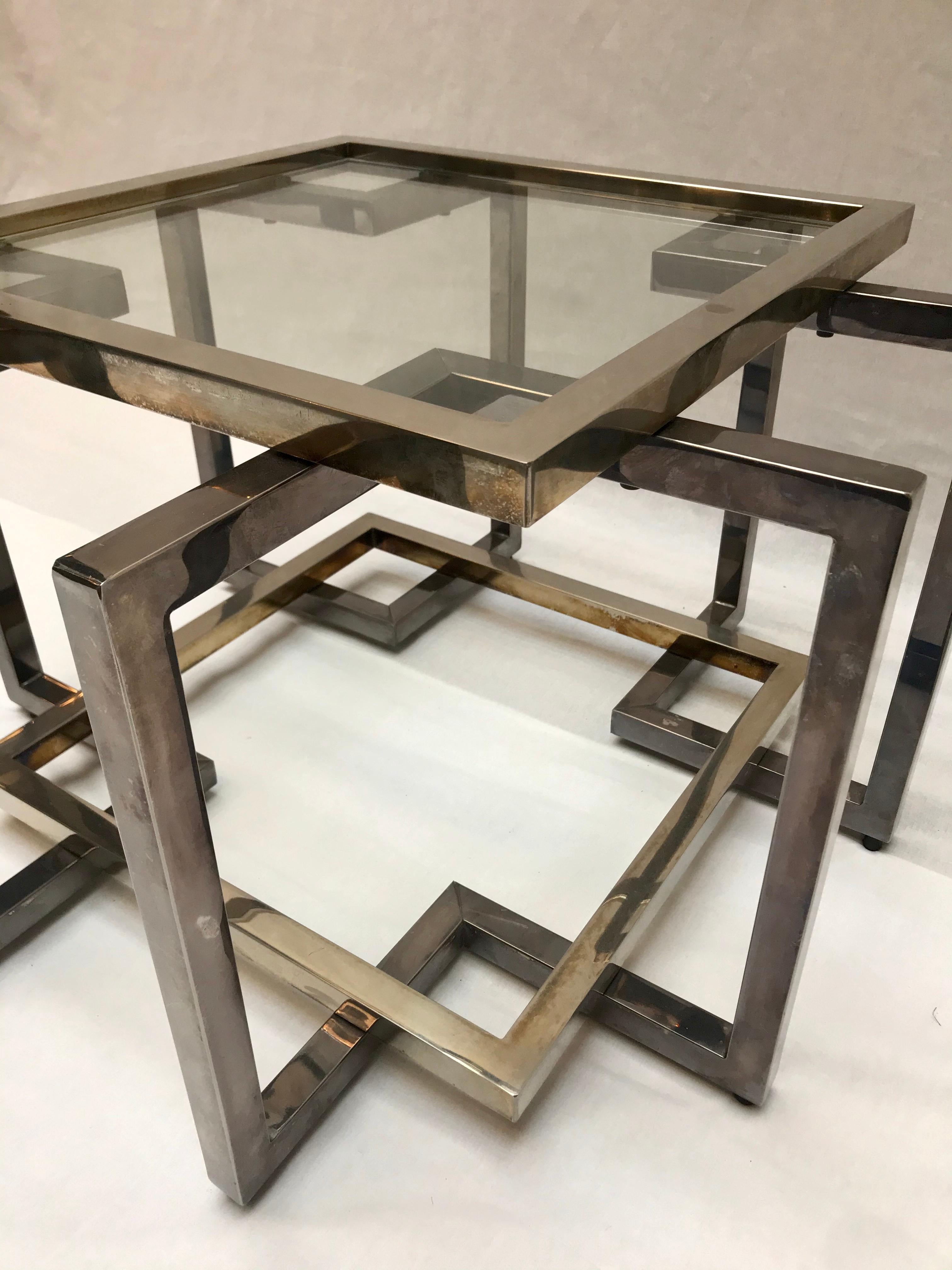Patinated Side Table Chrome and Brass, Willy Rizzo, 1970 For Sale